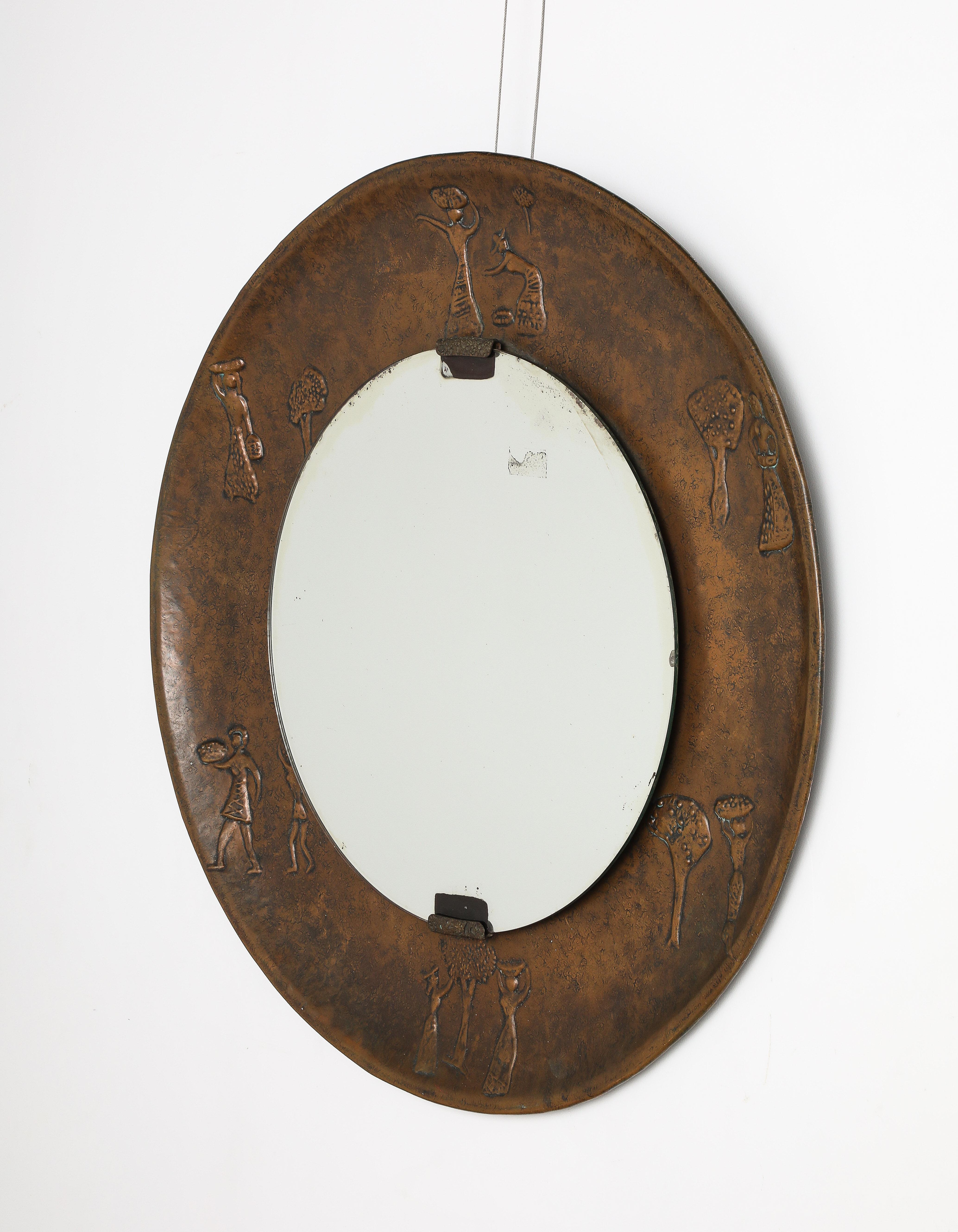 Mid-Century Modern Angelo Bragalini Copper Wall Mirror with Etruscan Motif, Italy, circa 1960 For Sale