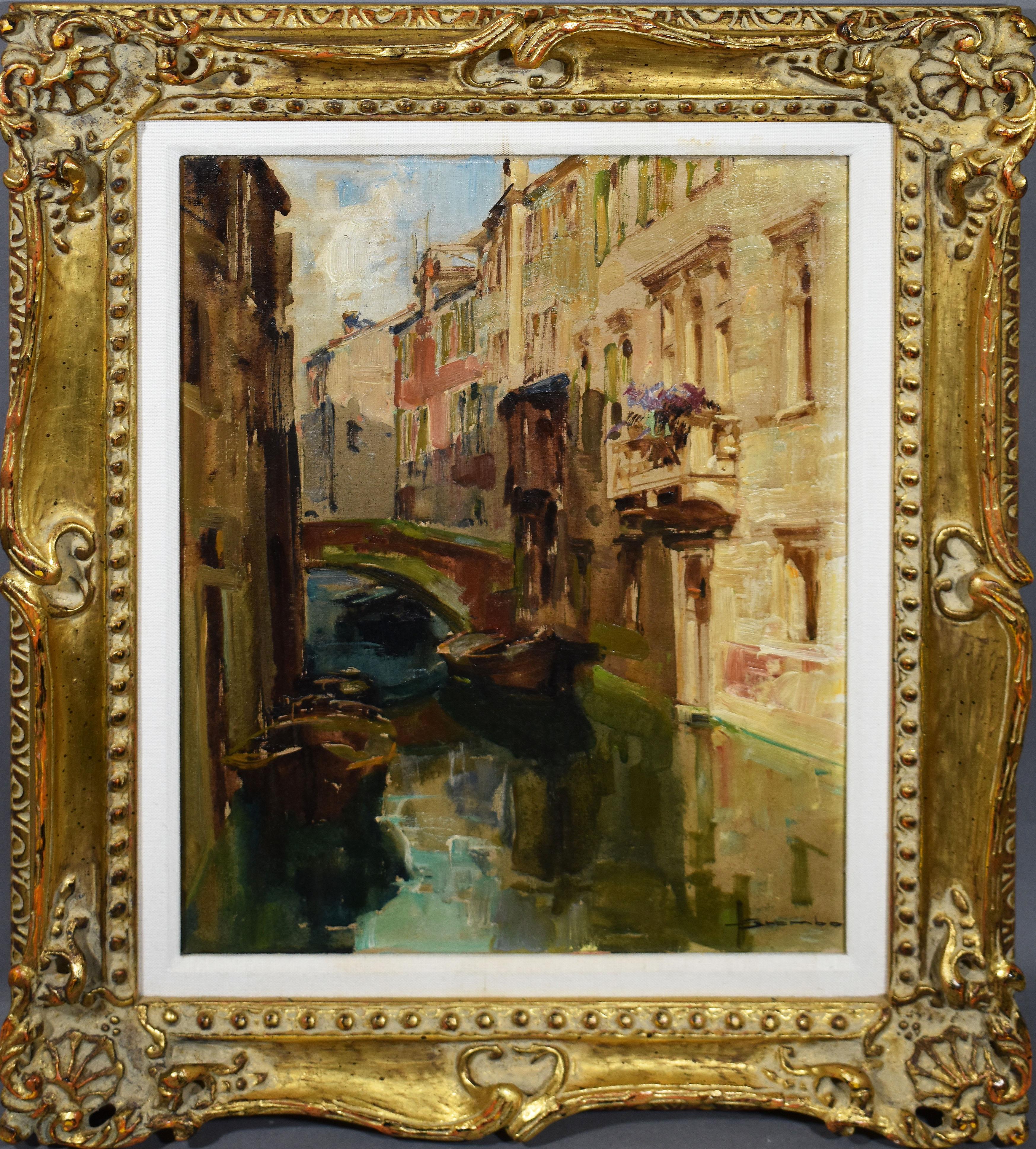Angelo Brombo Landscape Painting - Antique Italian Cityscape Venice Canal Impressionist Signed Original Painting