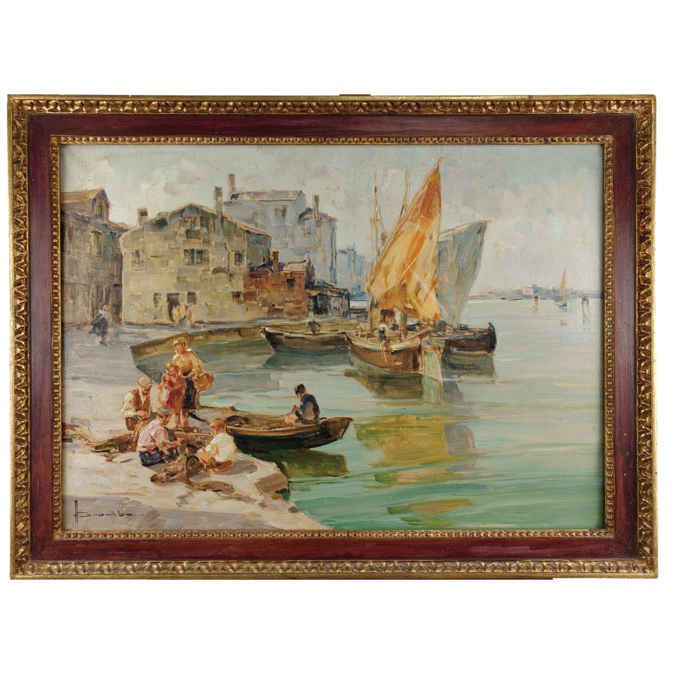 Olio su tela di Angelo Brombo, "Riva di Pellestrina, Venezia", 1960