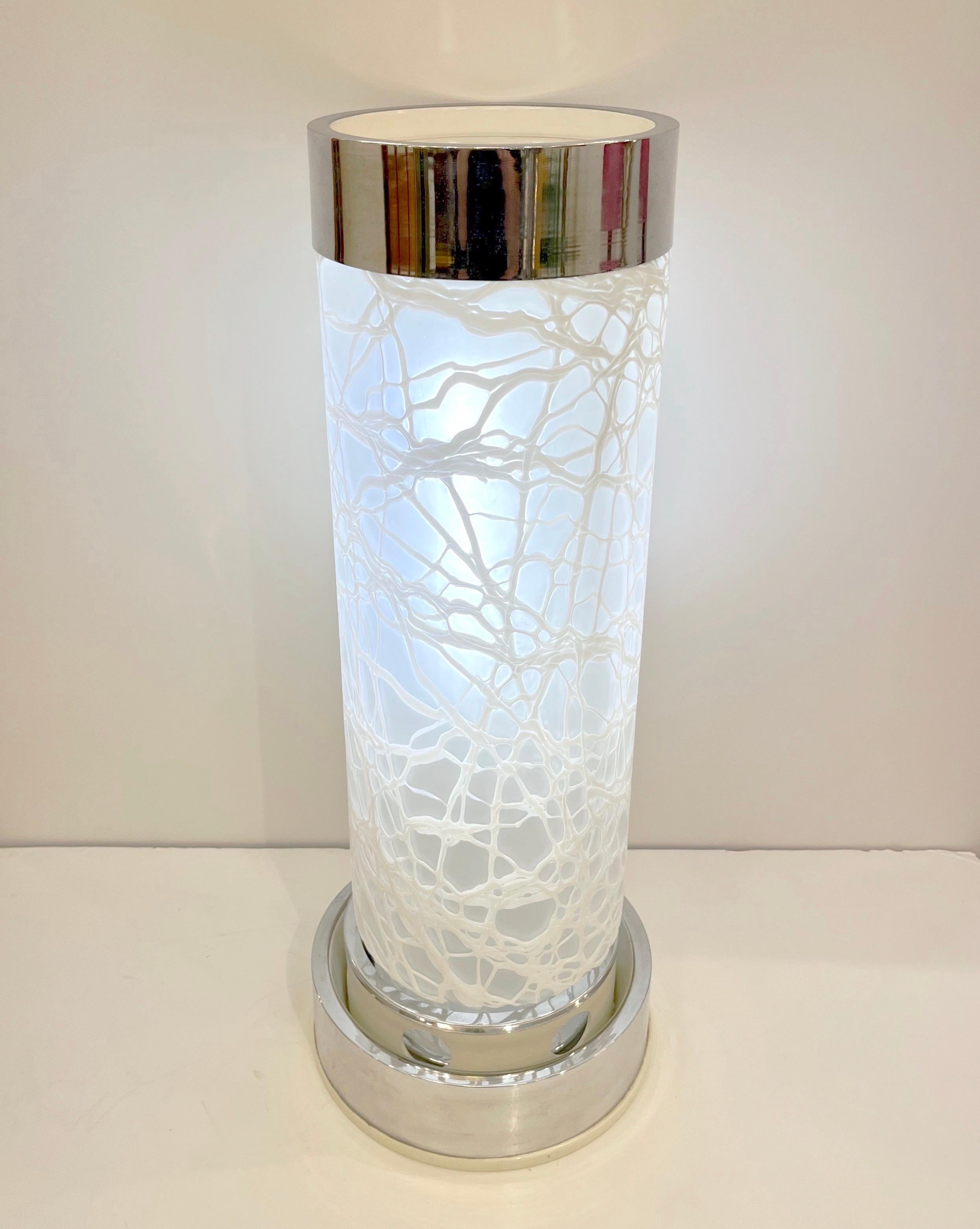 Angelo Brotto 1960s Esperia Vintage White Murano Glass Tubular Chrome Lamp For Sale 1