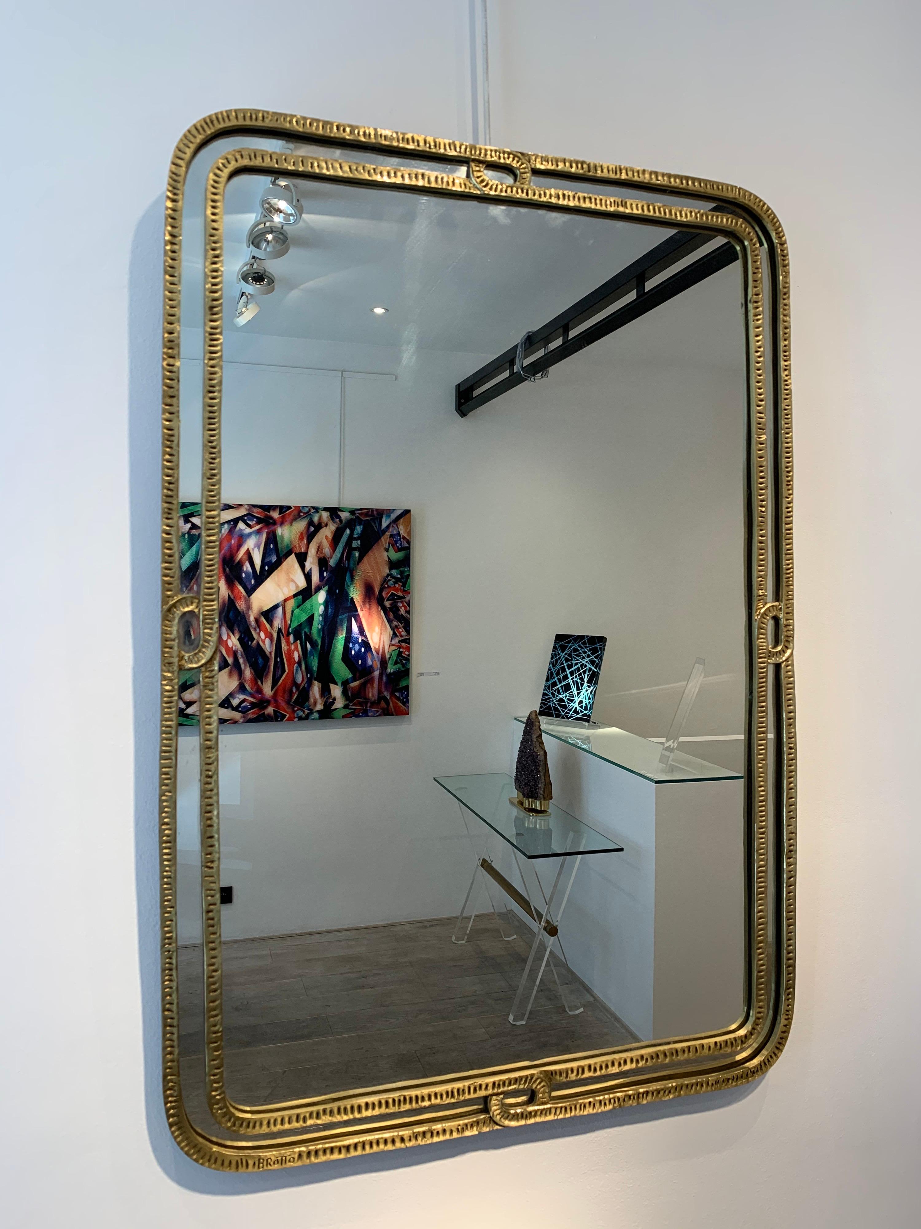 Italian Angelo Brotto Brass Mirror, 1970s, Signed
