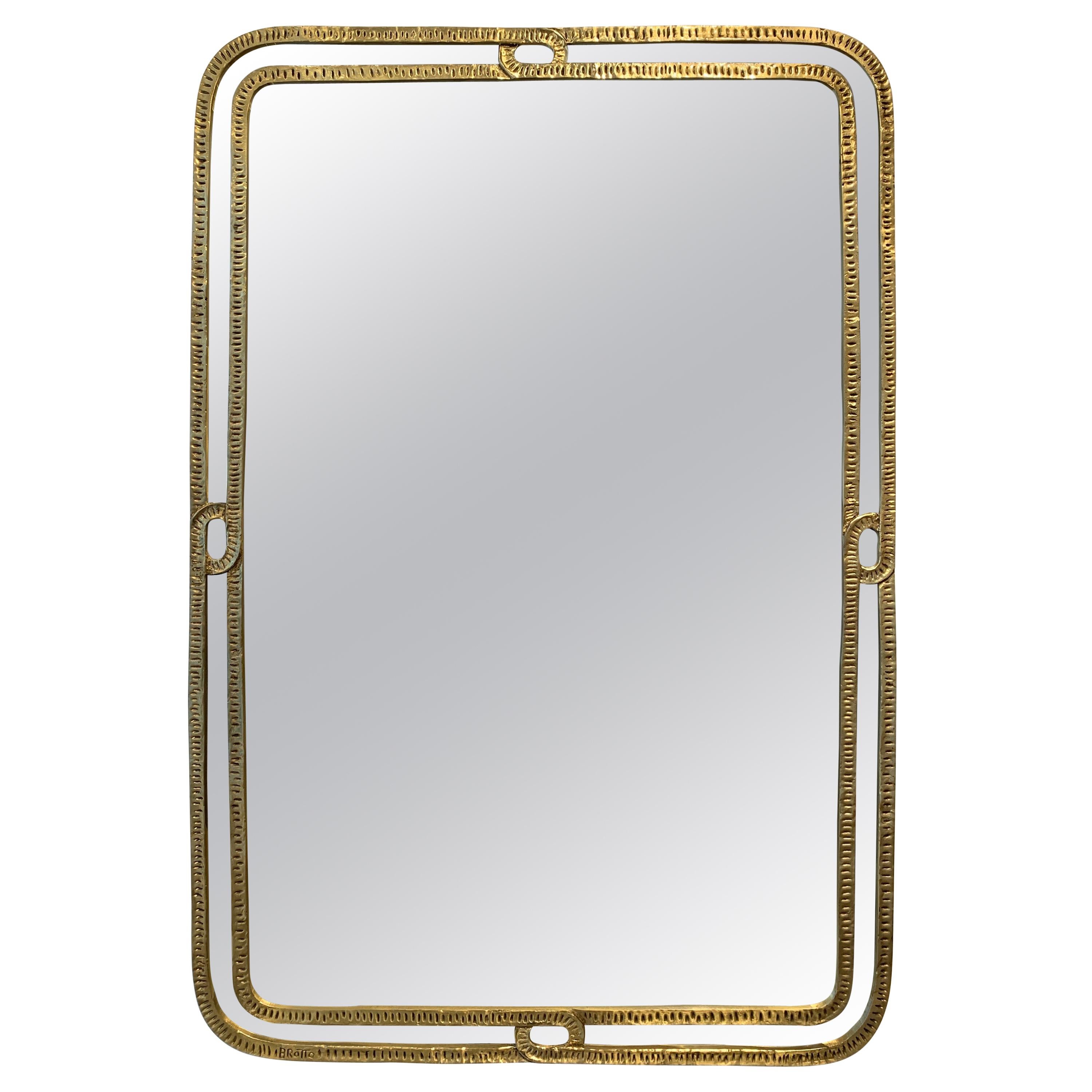 Angelo Brotto Brass Mirror, 1970s, Signed