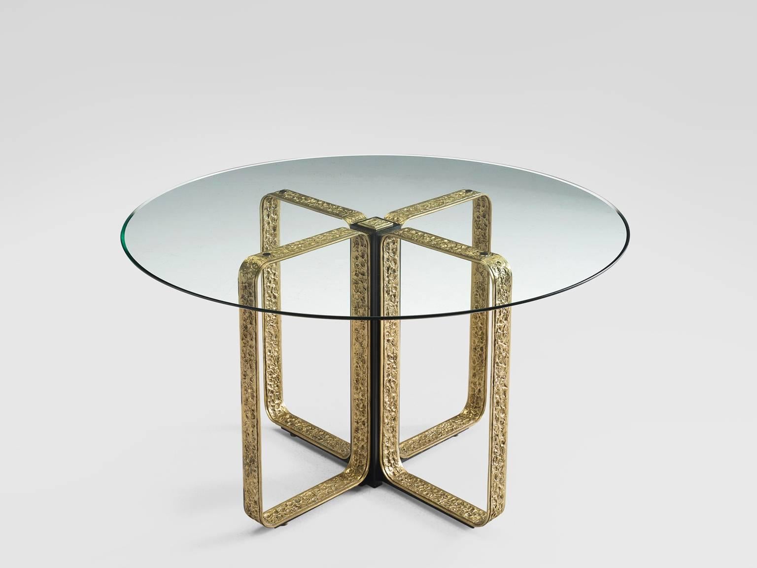 Angelo Brotto, side table, brass and glass, Italy, 1950s.

This table by Angelo is has a thick solid brass frame with four open brass frames. The tabletop is executed in clear glass. Angelo Brotto (1914-2002) was a designer who also made many