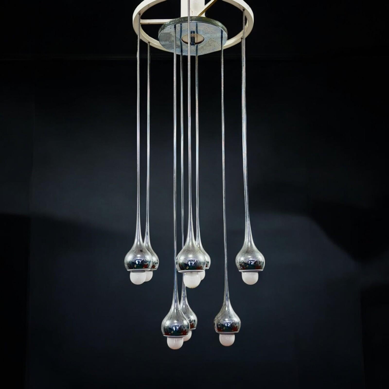 Acciaio Angelo Brotto Esperia Lampadario 9 Luci Design Modernariato 1970’s in vendita