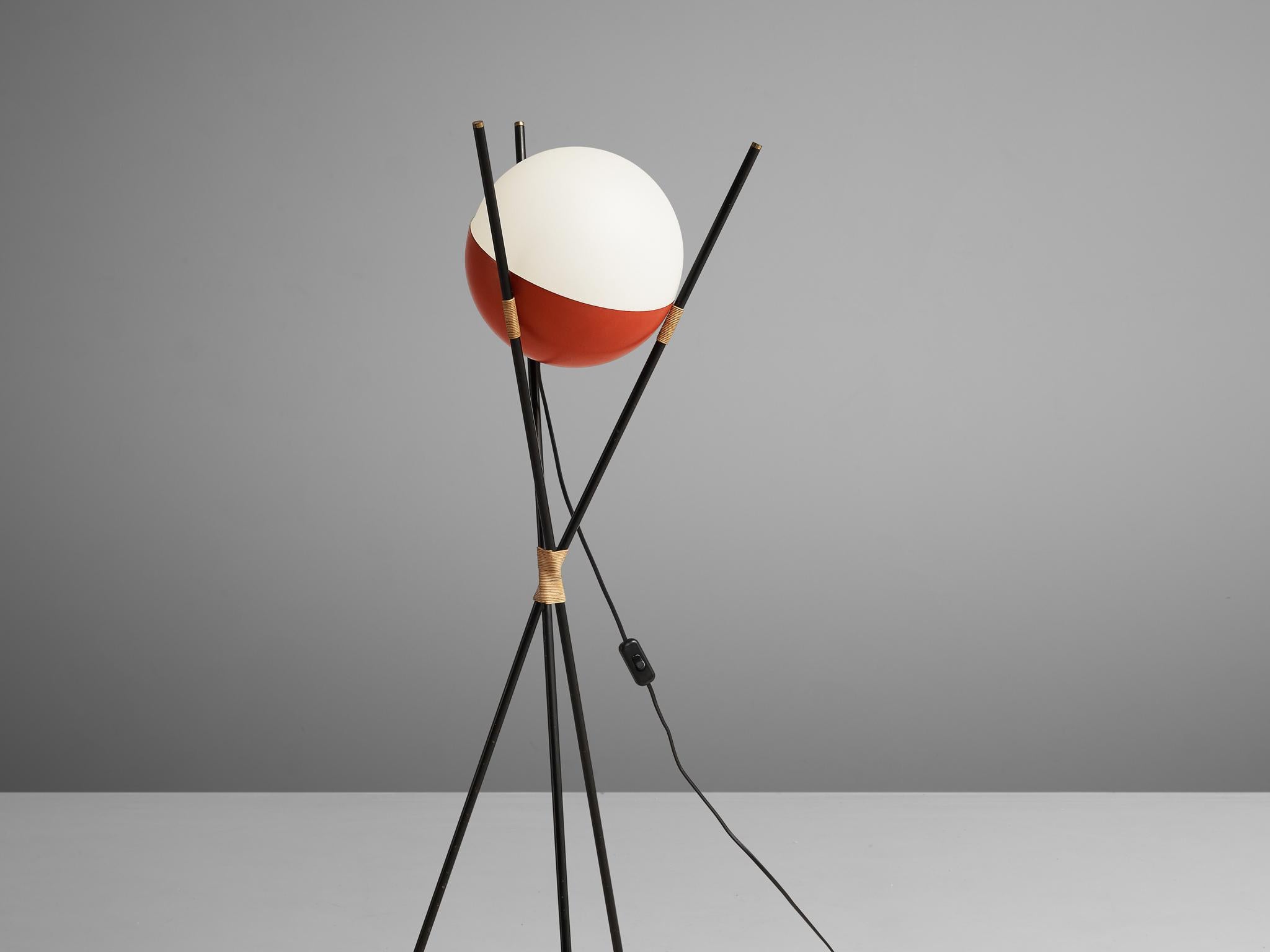 Angelo Brotto for Esperia Floor Lamp in Metal, Opaline Glass and Cane In Good Condition In Waalwijk, NL