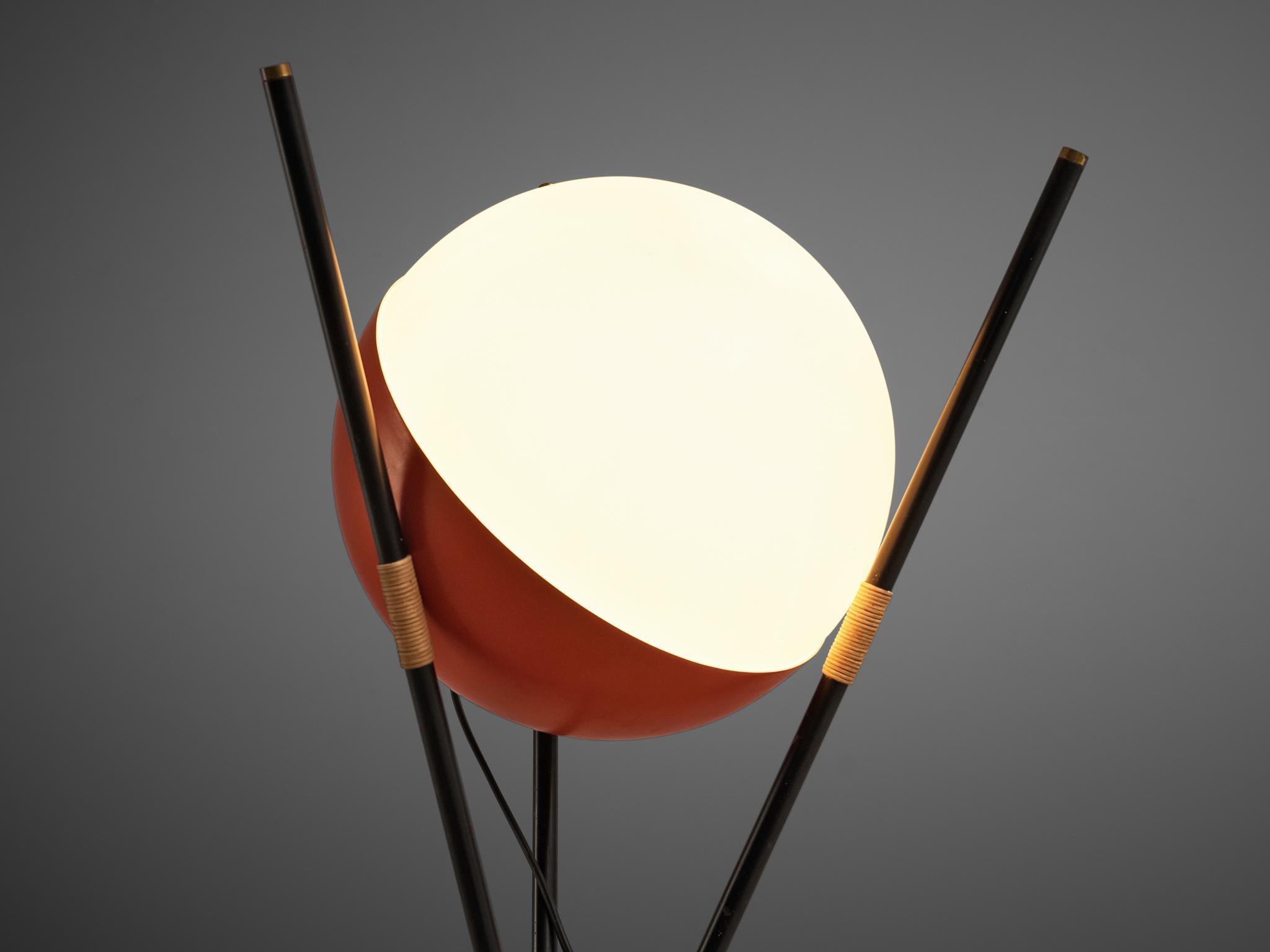 Mid-20th Century Angelo Brotto for Esperia Floor Lamp in Metal, Opaline Glass and Cane