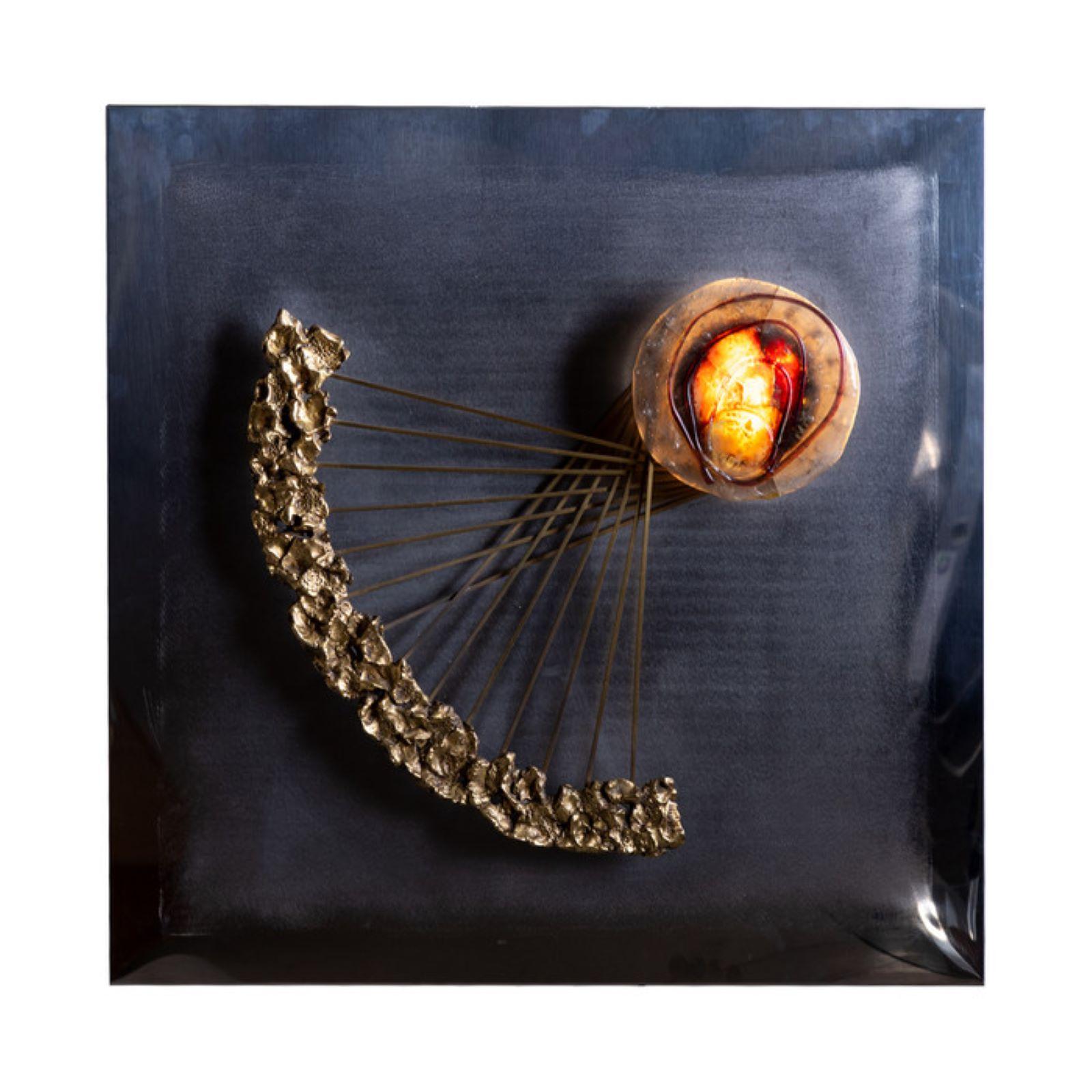 

An Angelo Brotto wall sculpture for Esperia.

Featuring a backlit glass Murano glass detail.

Crafted in Steel and brass signed by the artist.
