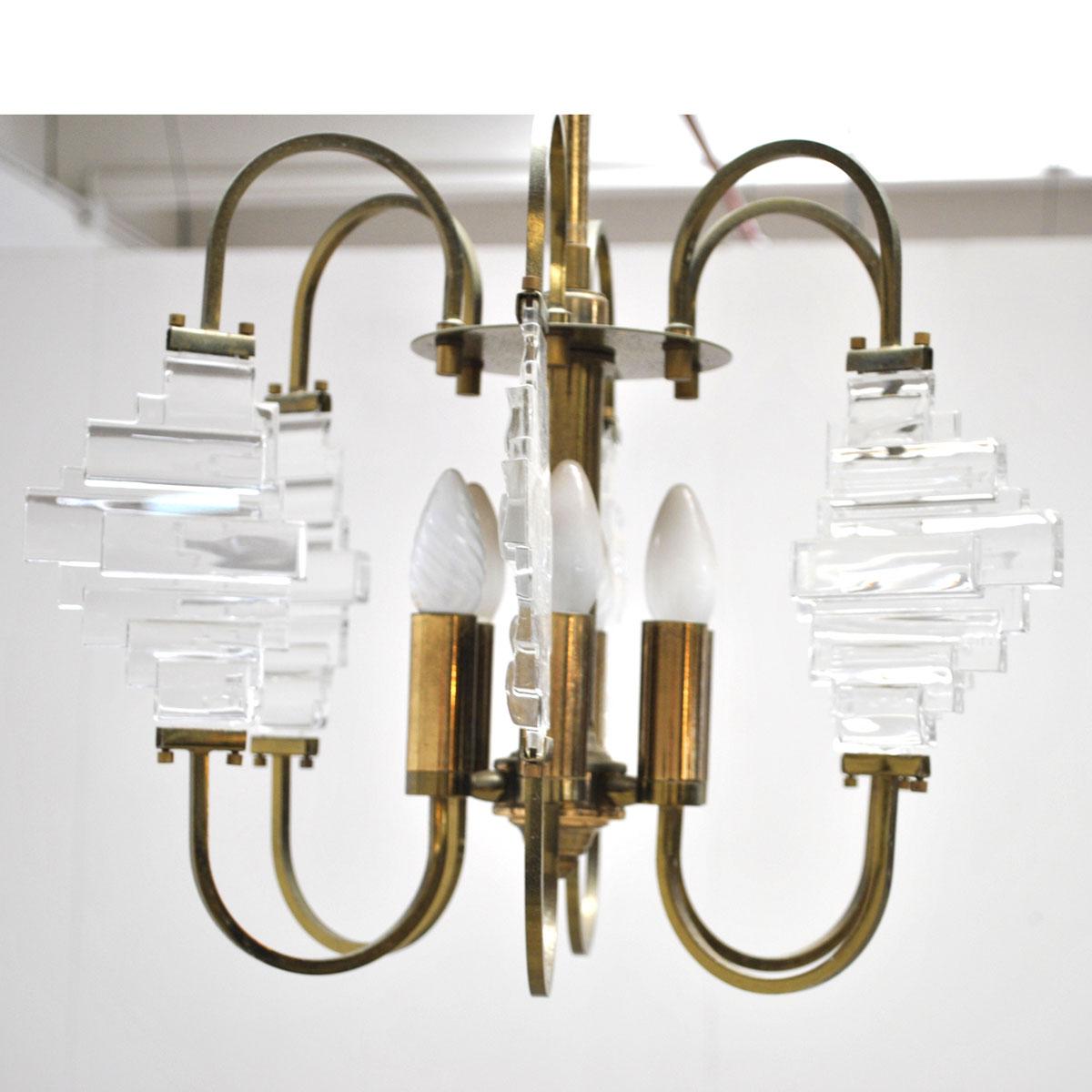 Mid-20th Century Angelo Brotto Italian Midcentury Chandelier in Brass and Glass For Sale
