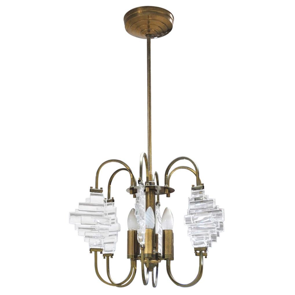 Angelo Brotto Italian Midcentury Chandelier in Brass and Glass