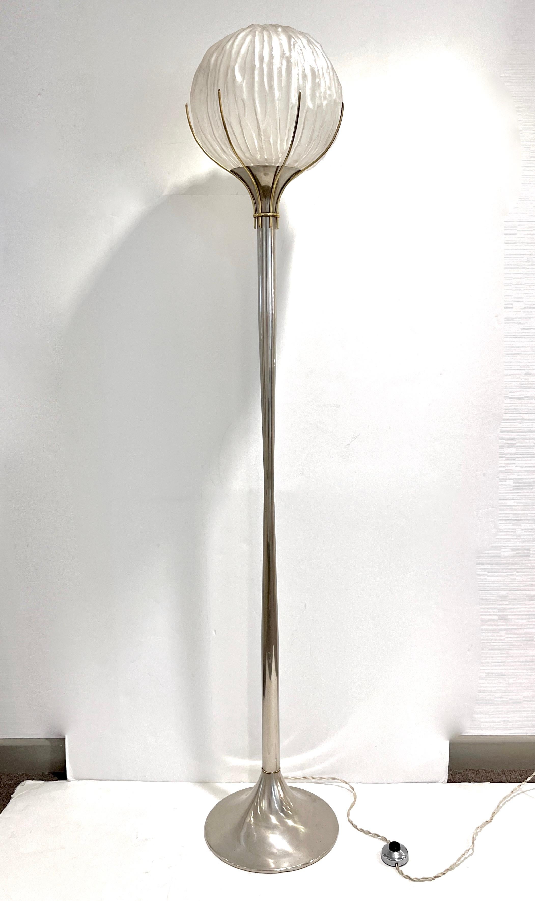 Angelo Brotto Italian Vintage Crystal Murano Glass Globe Nickel Brass Floor Lamp For Sale 10