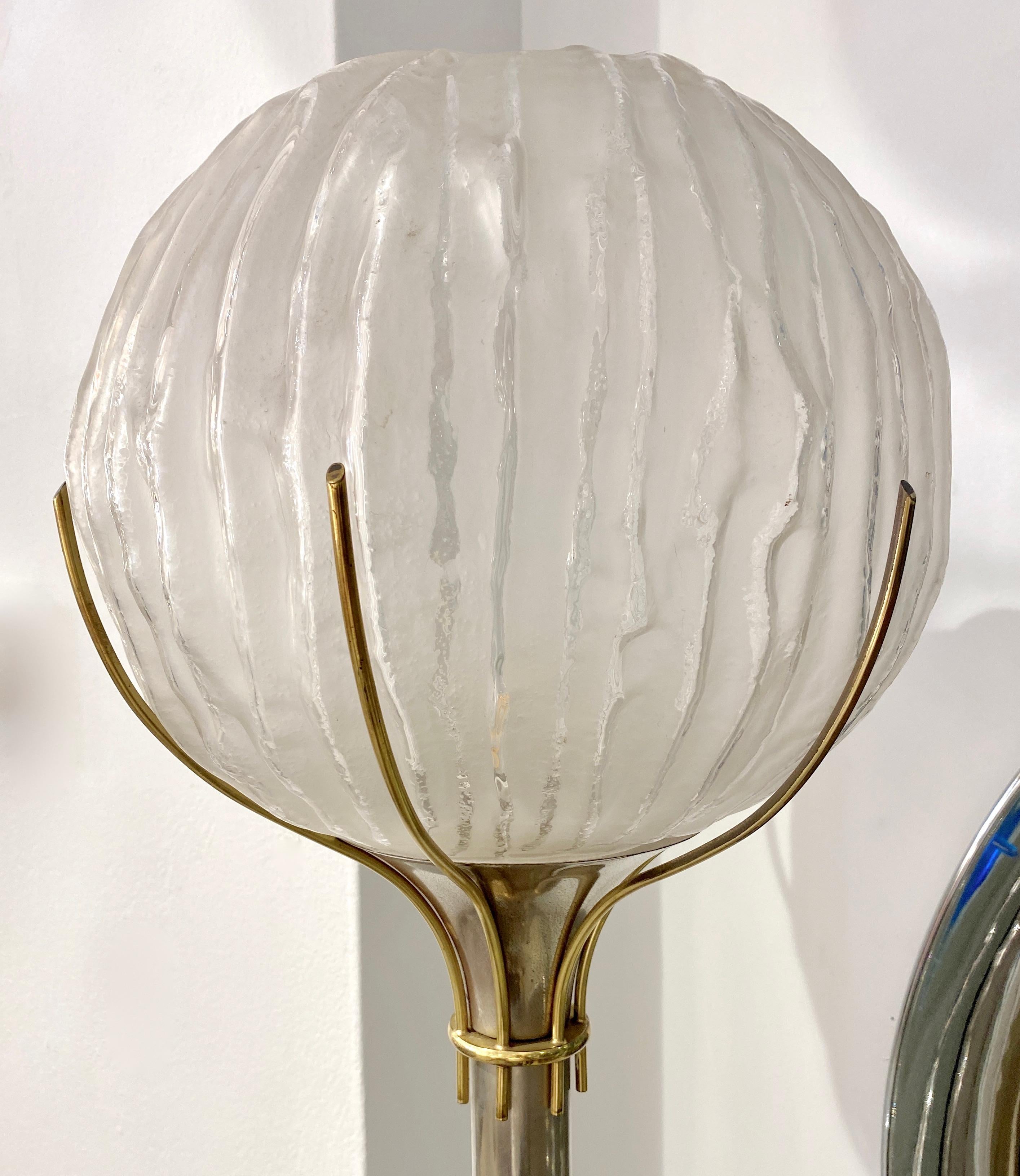 Hand-Crafted Angelo Brotto Italian Vintage Crystal Murano Glass Globe Nickel Brass Floor Lamp For Sale