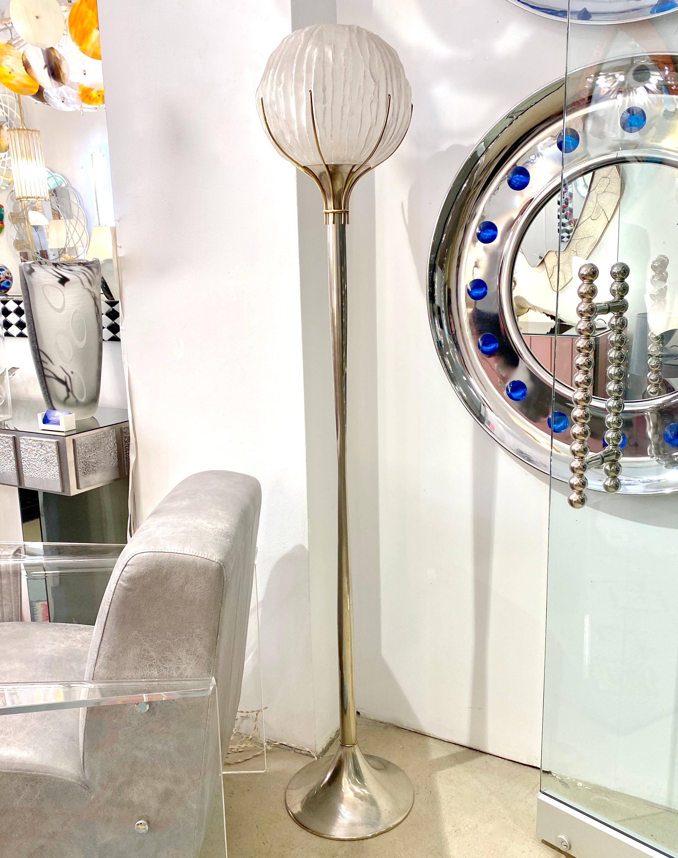 Angelo Brotto Italian Vintage Crystal Murano Glass Globe Nickel Brass Floor Lamp For Sale 1