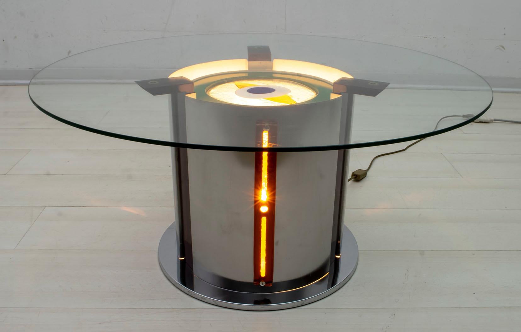 Angelo Brotto Midcentury Glass and Steel Bright Coffee Table by Poliarte, 1970s 4