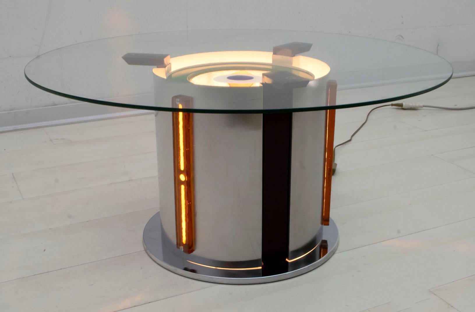 Italian Angelo Brotto Midcentury Glass and Steel Bright Coffee Table by Poliarte, 1970s