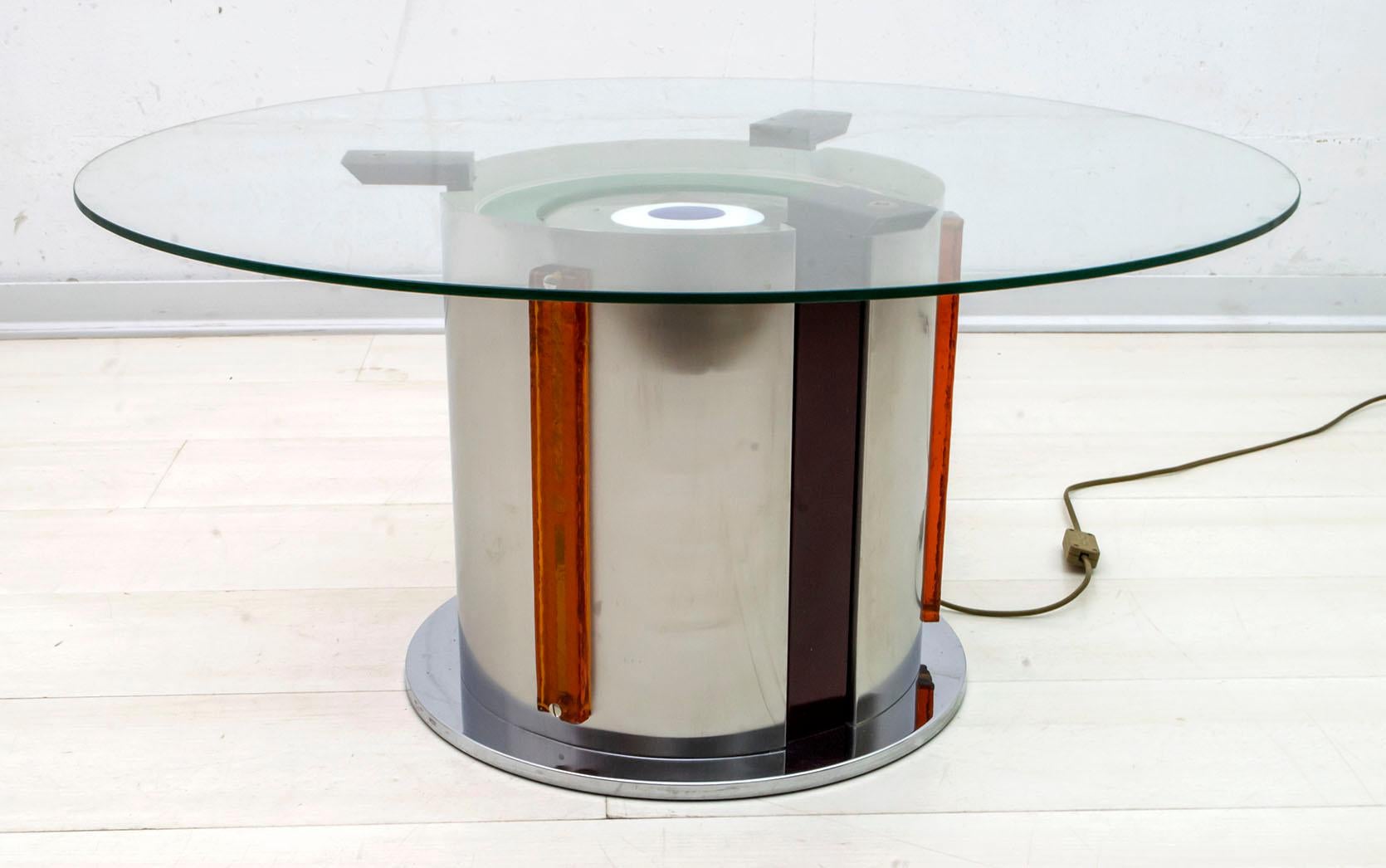 Angelo Brotto Midcentury Glass and Steel Bright Coffee Table by Poliarte, 1970s In Good Condition In Puglia, Puglia