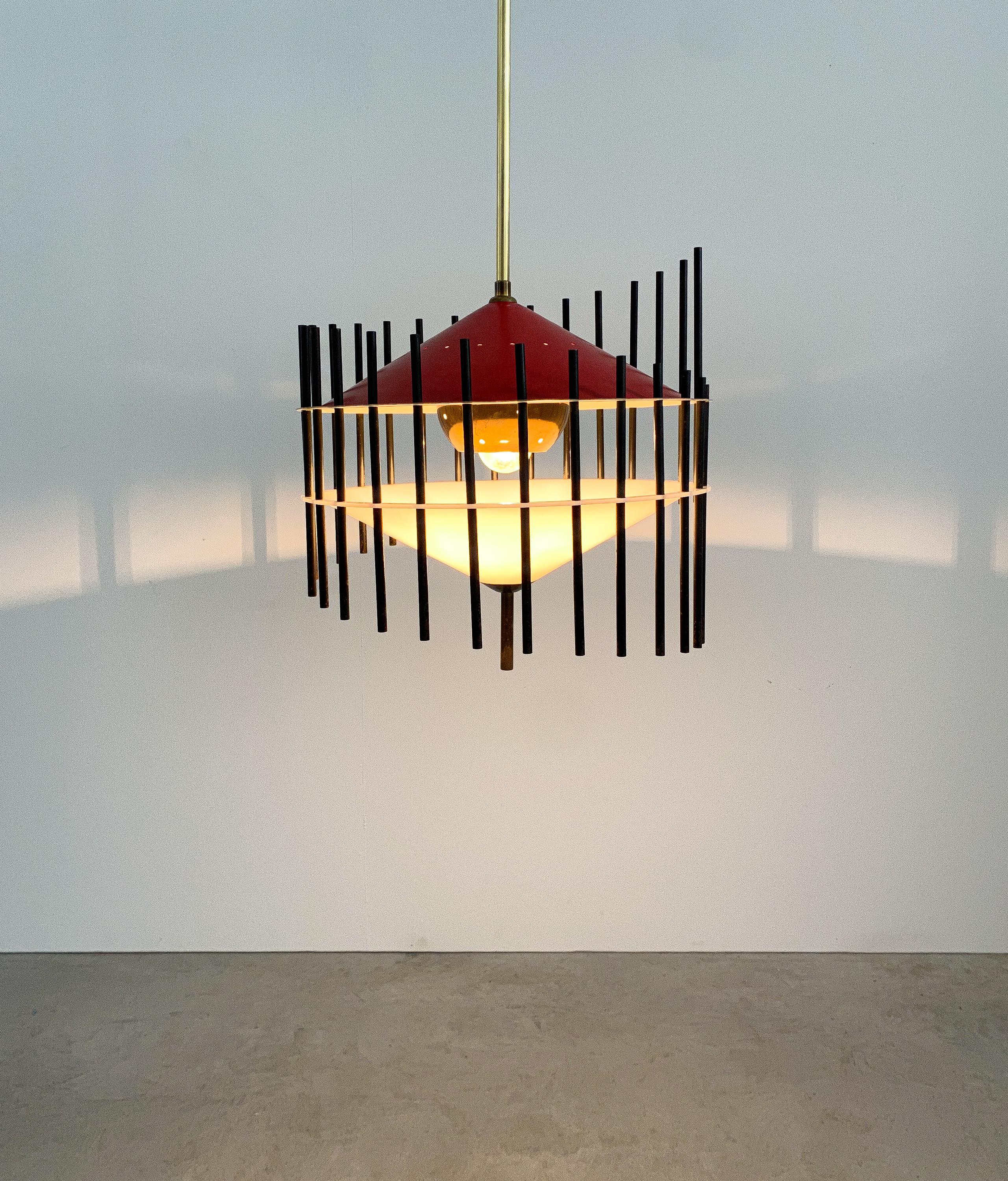 Mid-20th Century Angelo Brotto Aluminum Lucite Pendant Lamp for Esperia, Italy, circa 1955