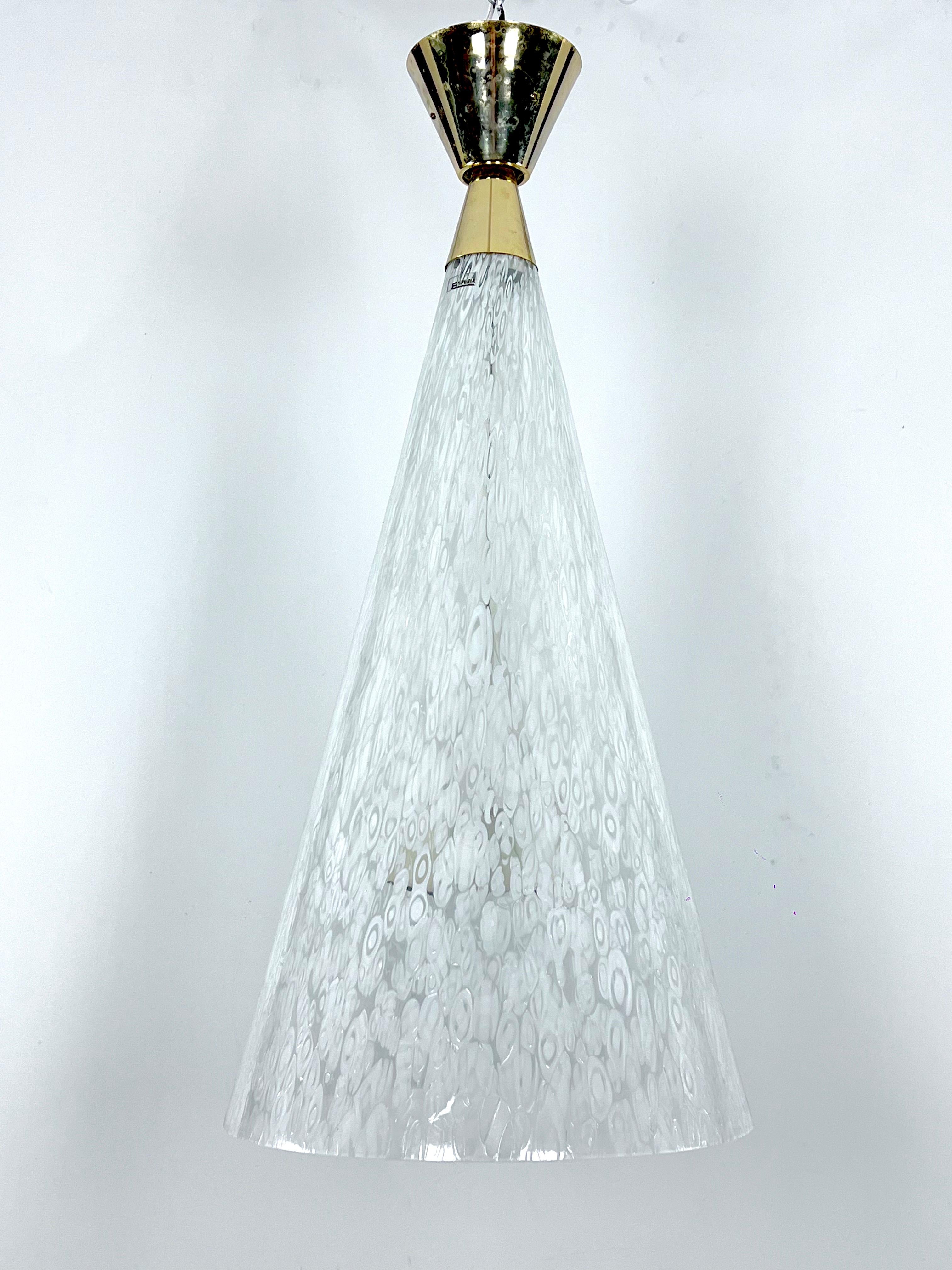 Very rare Murano glass and brass chandelier designed by Angelo Brotto for Esperia and produced in Italy during the late 1970s. Great vintage condition with normal trace of age and use. Thick glass with no chips or cracks. It mounts three sockets for