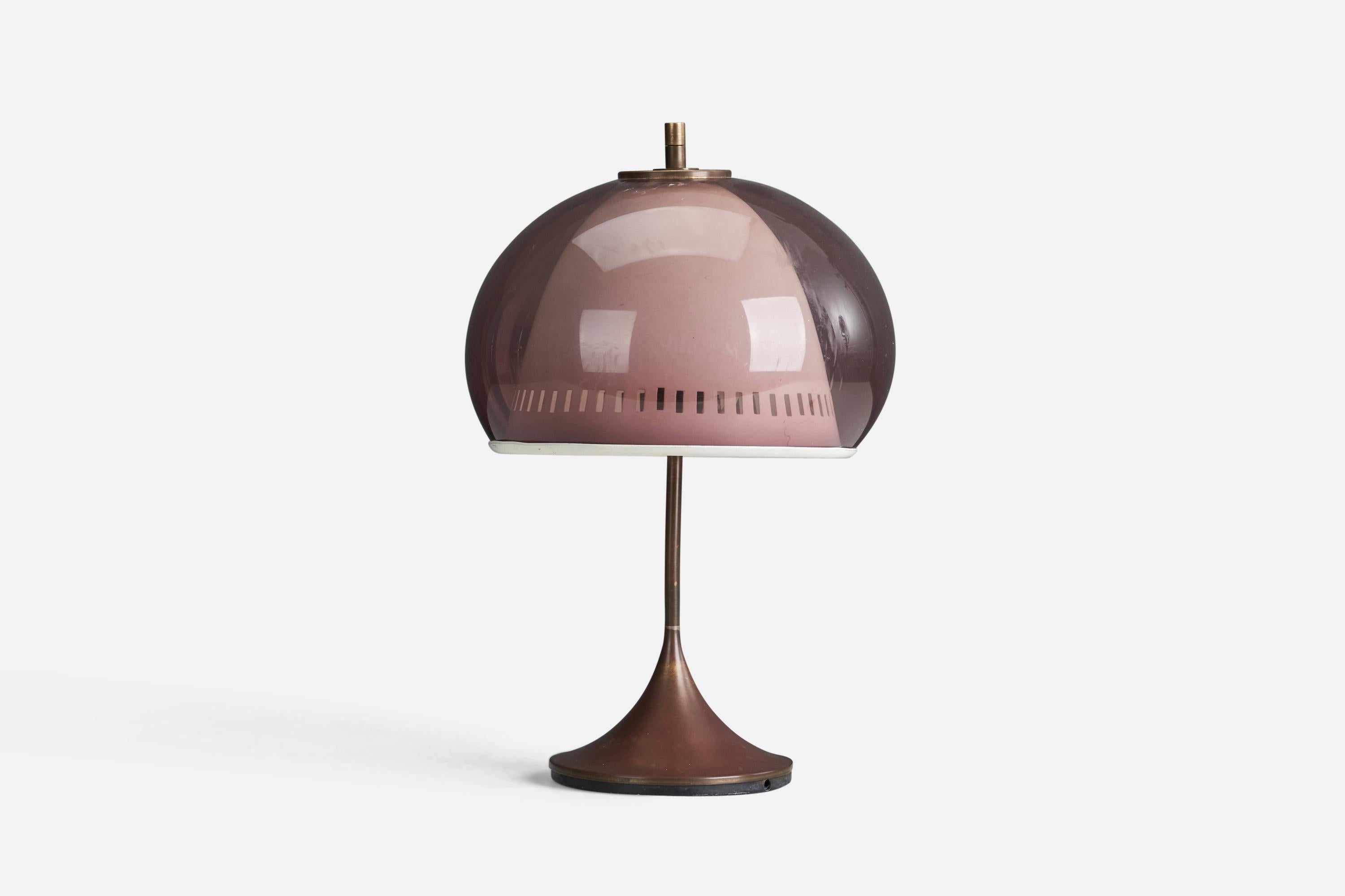 A purple acrylic, metal and brass table lamp designed by Angelo Brotto and produced by Esperia, Italy, 1950s.

Socket takes standard E-26 medium base bulb.

There is no maximum wattage stated on the fixture.