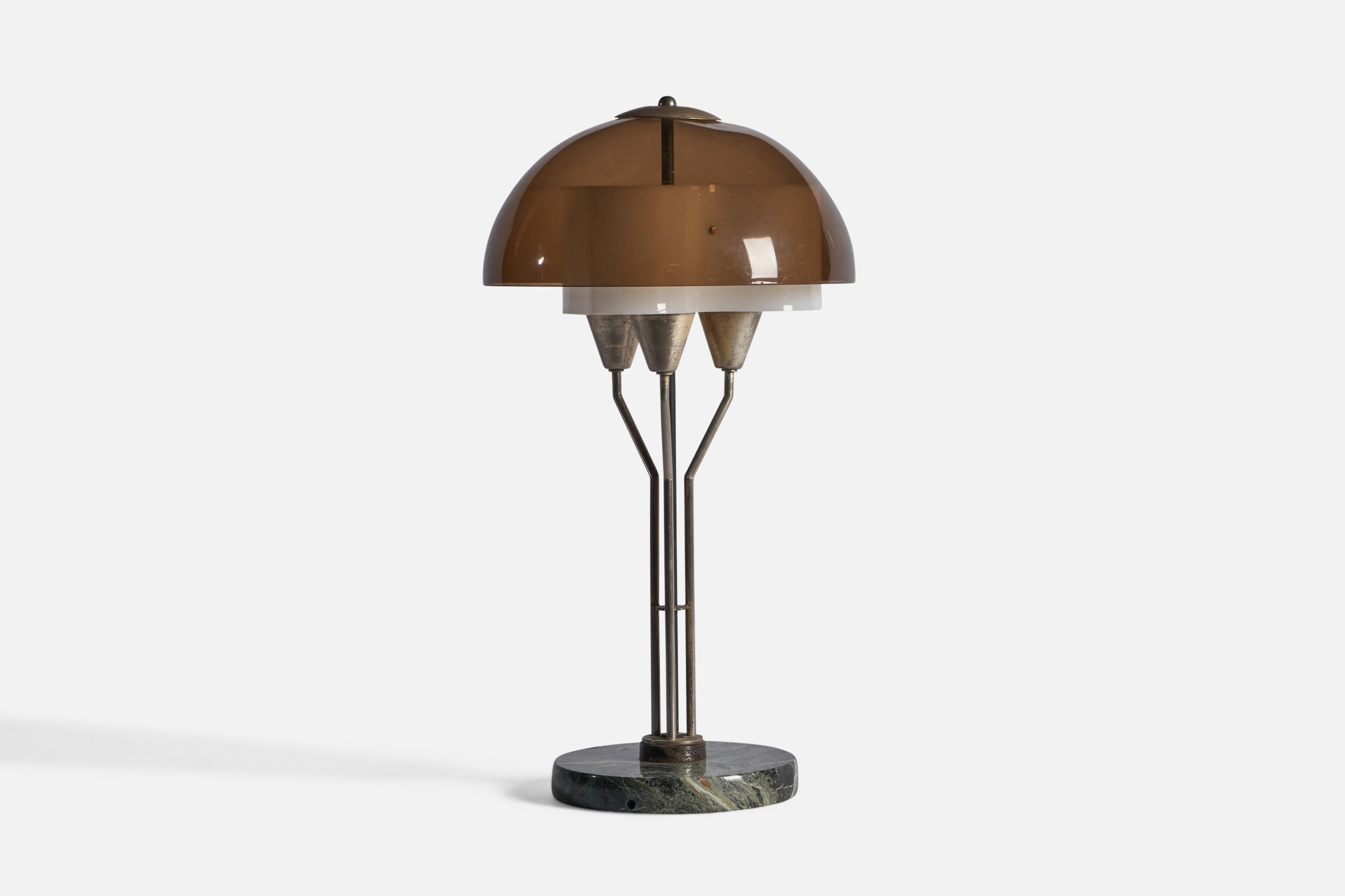 A brass, marble and acrylic table lamp designed by Angelo Brotto and produced by Esperia, Italy, c. 1970s.

Overall Dimensions: 22.5