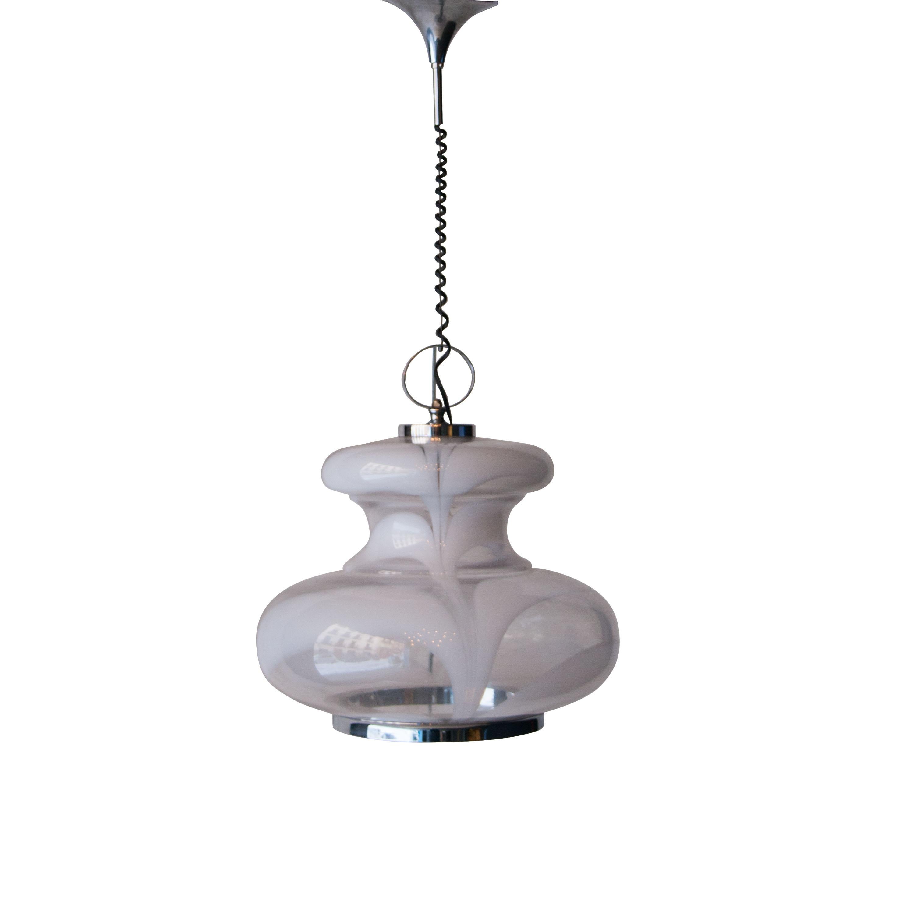 Hanging lamp made in chromed steel structure with Murano glass lamp shade.