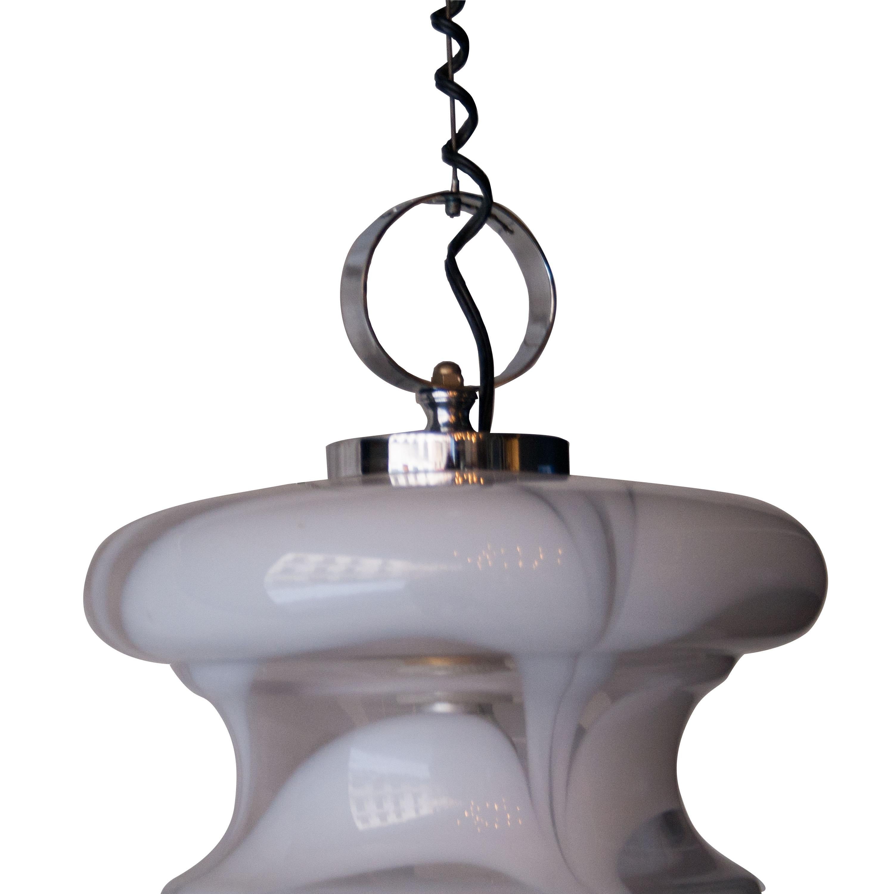 Mid-Century Modern Angelo Brotto White Murano Glass Chromed Hanging Lamp, Italy, 1950