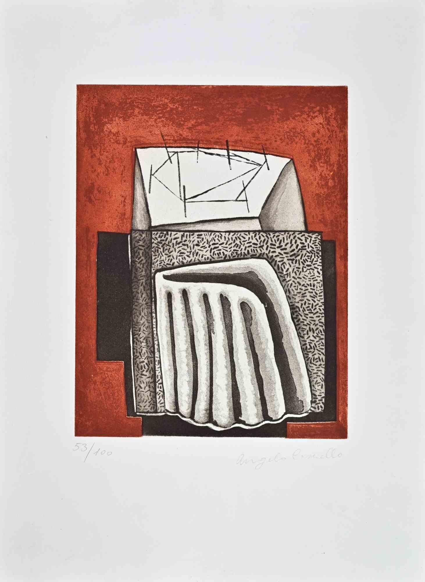 Etching and aquatint on paper realized by Angelo Casciello.

Hand signed and numbered.

Edition of 100.

Very good condition.

A refined and architectonic abstract composition by Italian artist Angelo Casciello, executed in color etching and