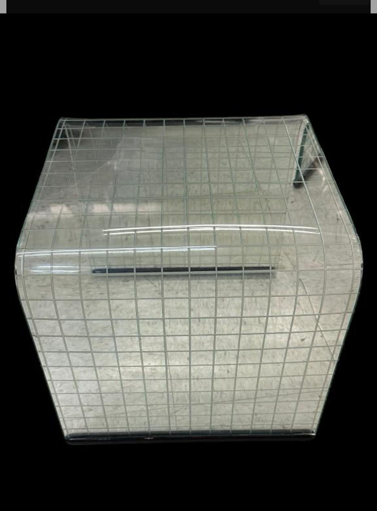Set of three waterfall bent and checker board scored glass nesting tables by Angelo Cortesi for FIAM Italia. Fantastic condition with no chips, cracks or deep scratches. Rubber runners to the bottom are all in good condition. 