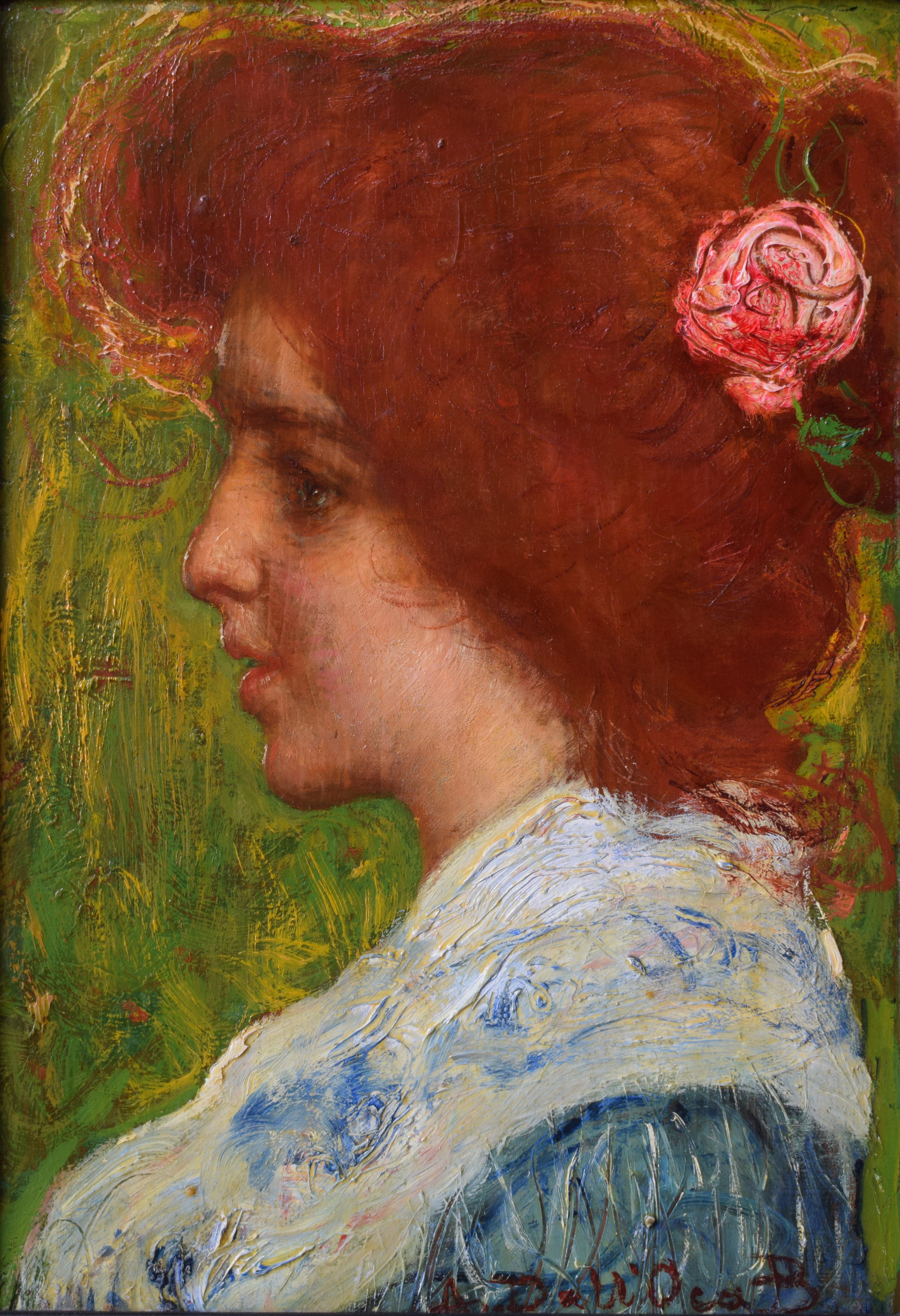 Angelo Dall’Oca Bianca Portrait Painting - Profile of Maiden with Rose