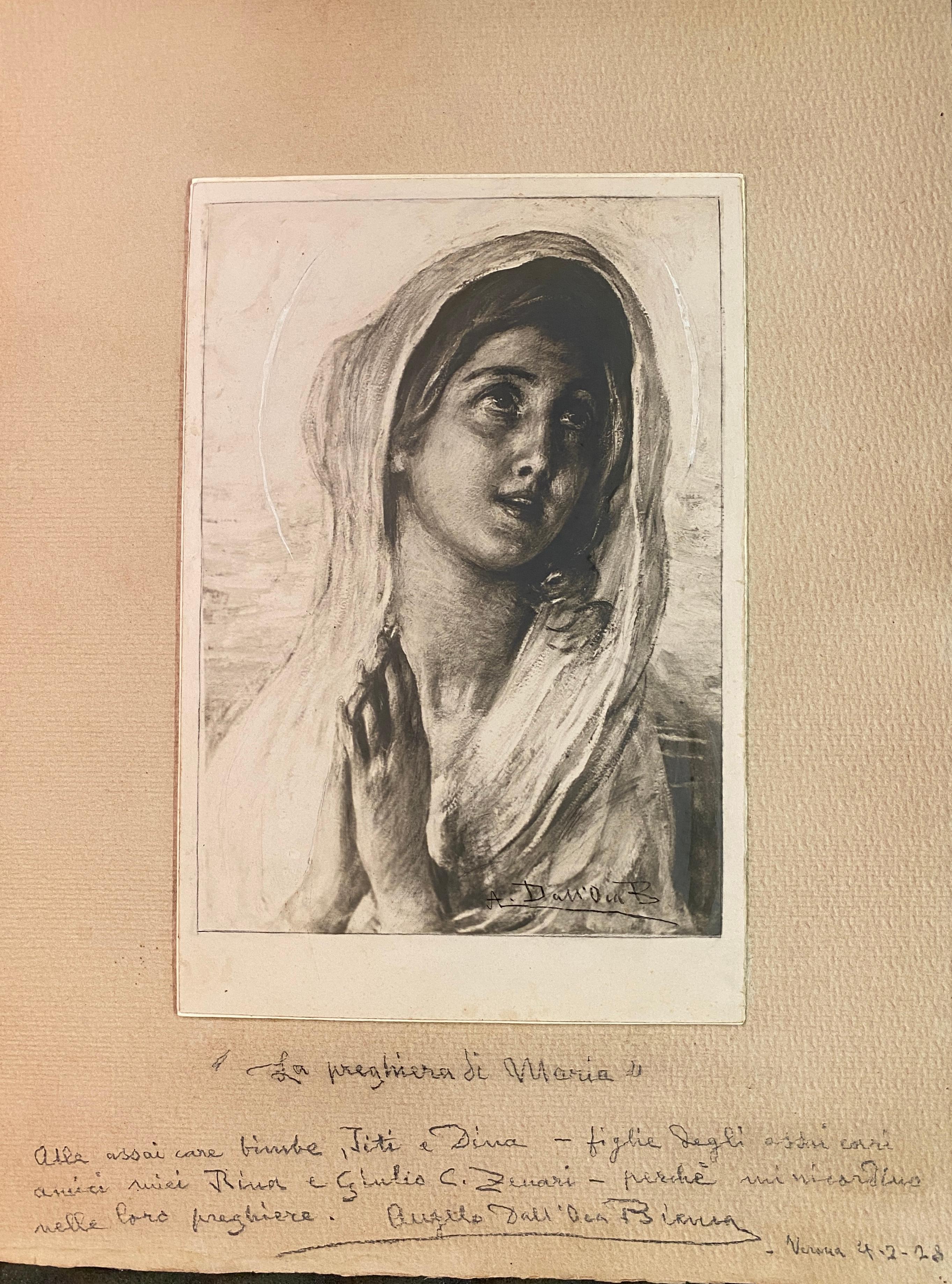Positive photographic print with white lead highlights and charcoal trim of a painting depicting the prayer of Mary, both made by Angelo Dall'Oca Bianca.

The photograph has the artist's signature at lower right in charcoal and measures 30 x 20 cm.