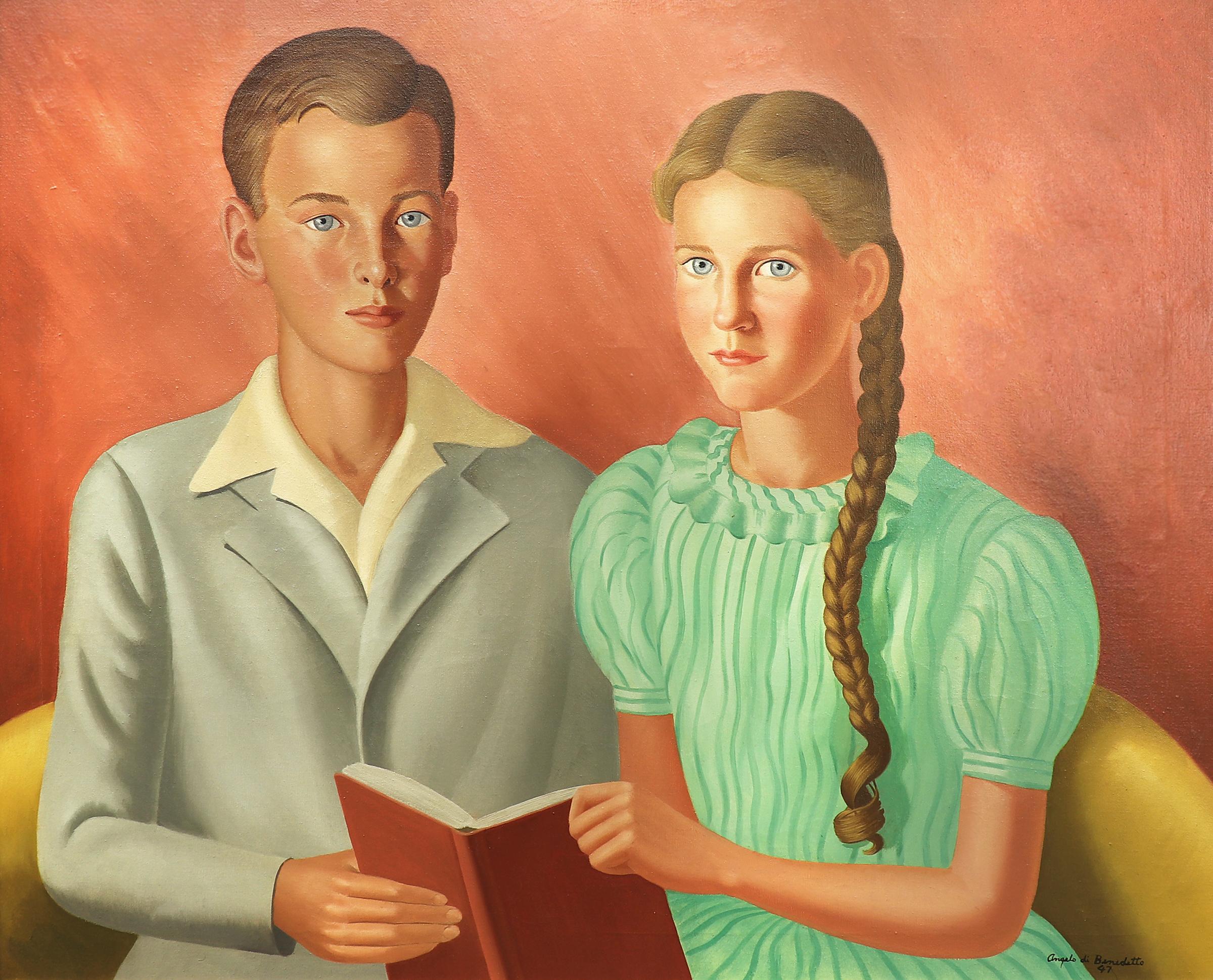 Peinture à l'huile des années 1940 - Portrait de deux personnages, figuratif moderniste américain  - Painting de Angelo Di Benedetto