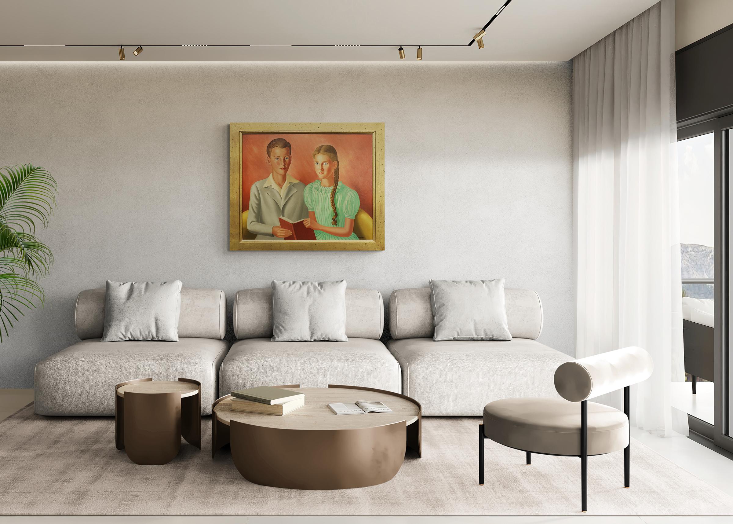 Pittura ad olio del 1940 Ritratto di due figure, Figurativo modernista americano 2