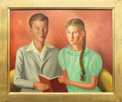 1940s Oil Painting Portrait of Two Figures, American Modernist Figurative 