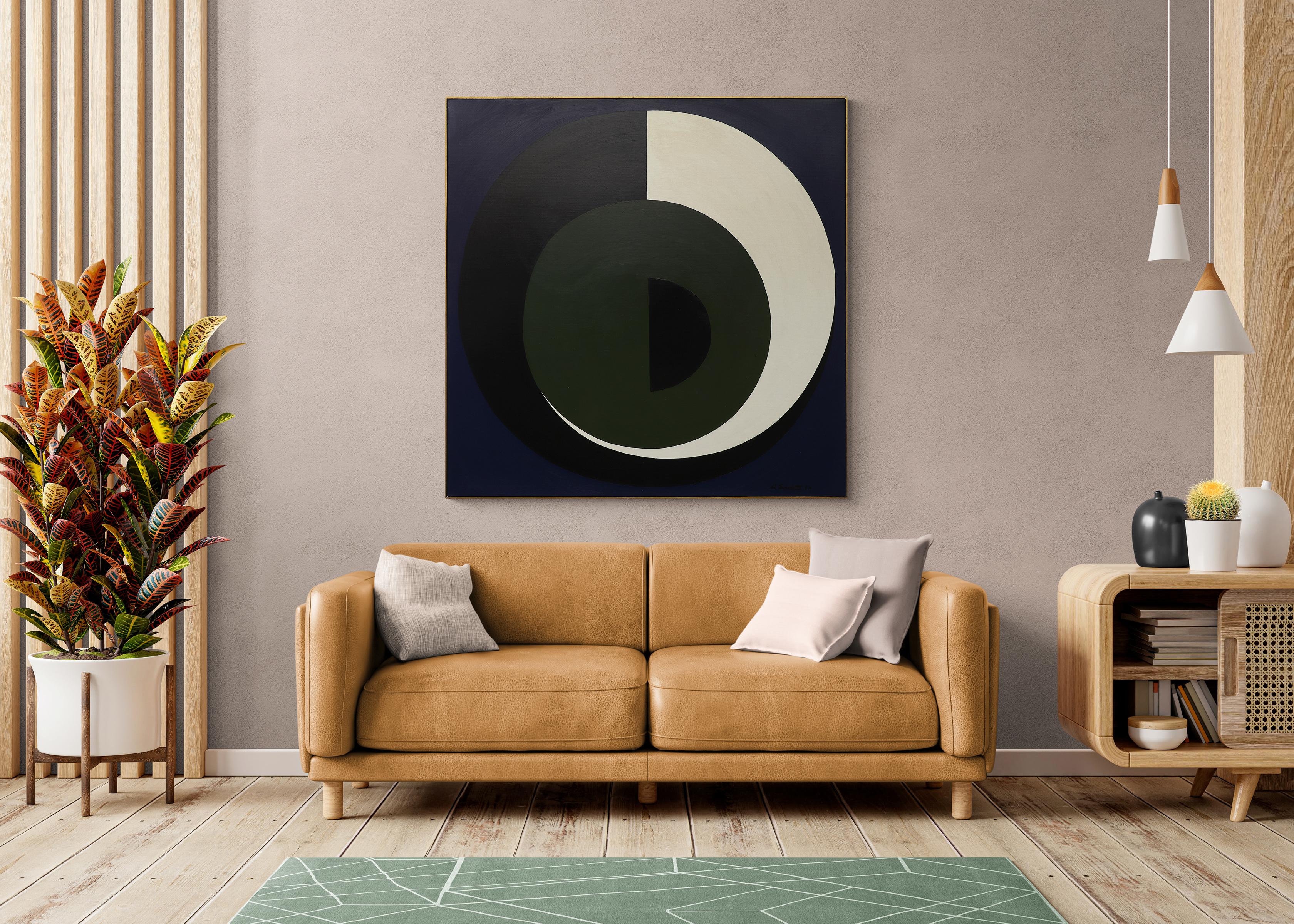 1960s Mid Century Modern Abstract Acrylic on Canvas Painting, Black Blue Green 6