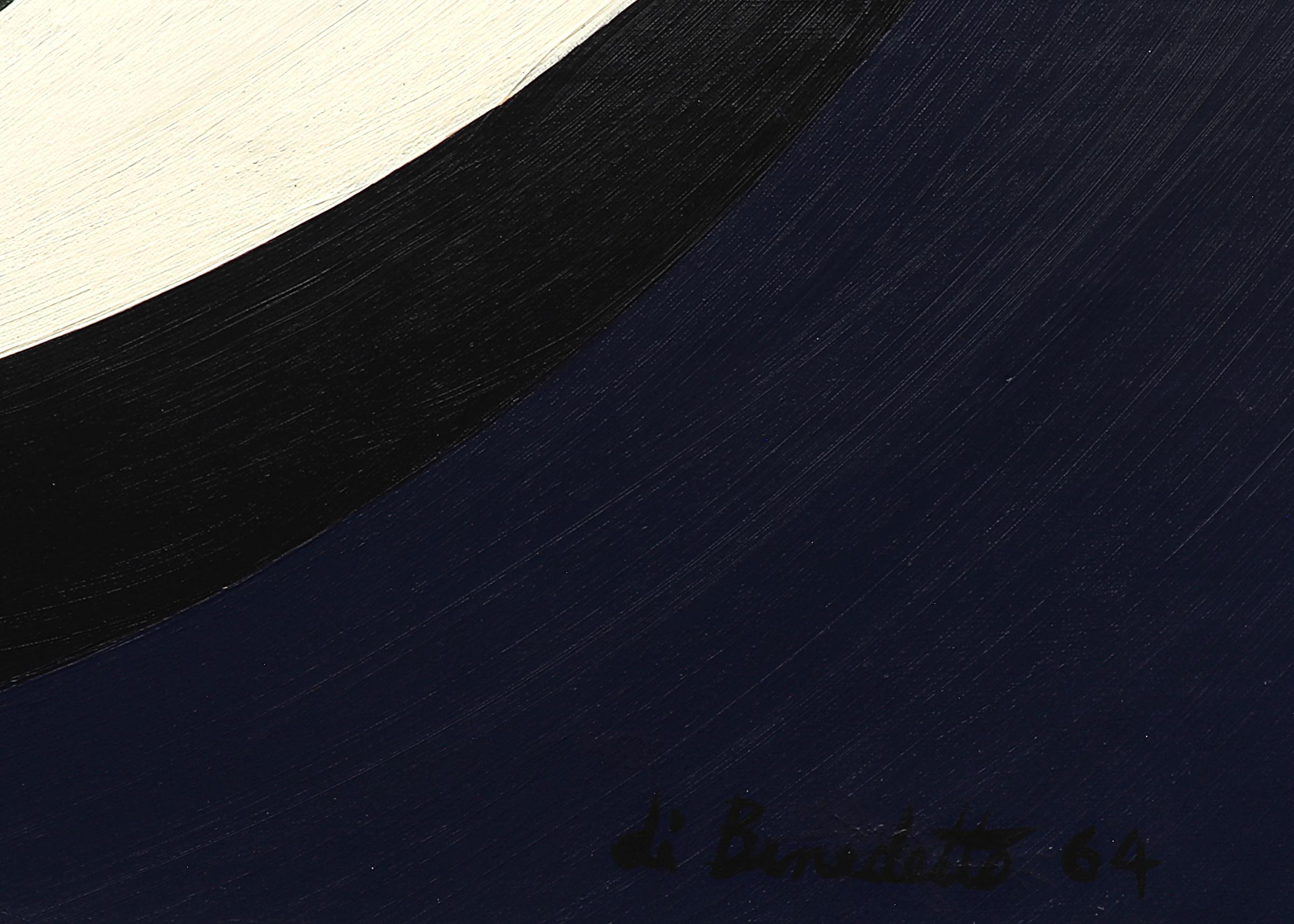 Quadro originale in acrilico su tela firmato dall'artista Angelo Di Benedetto (1913-1992) del 1964. Il dipinto presenta una composizione astratta che raffigura un grande cerchio che racchiude cerchi più piccoli in blu, verde, bianco e nero. Firmato