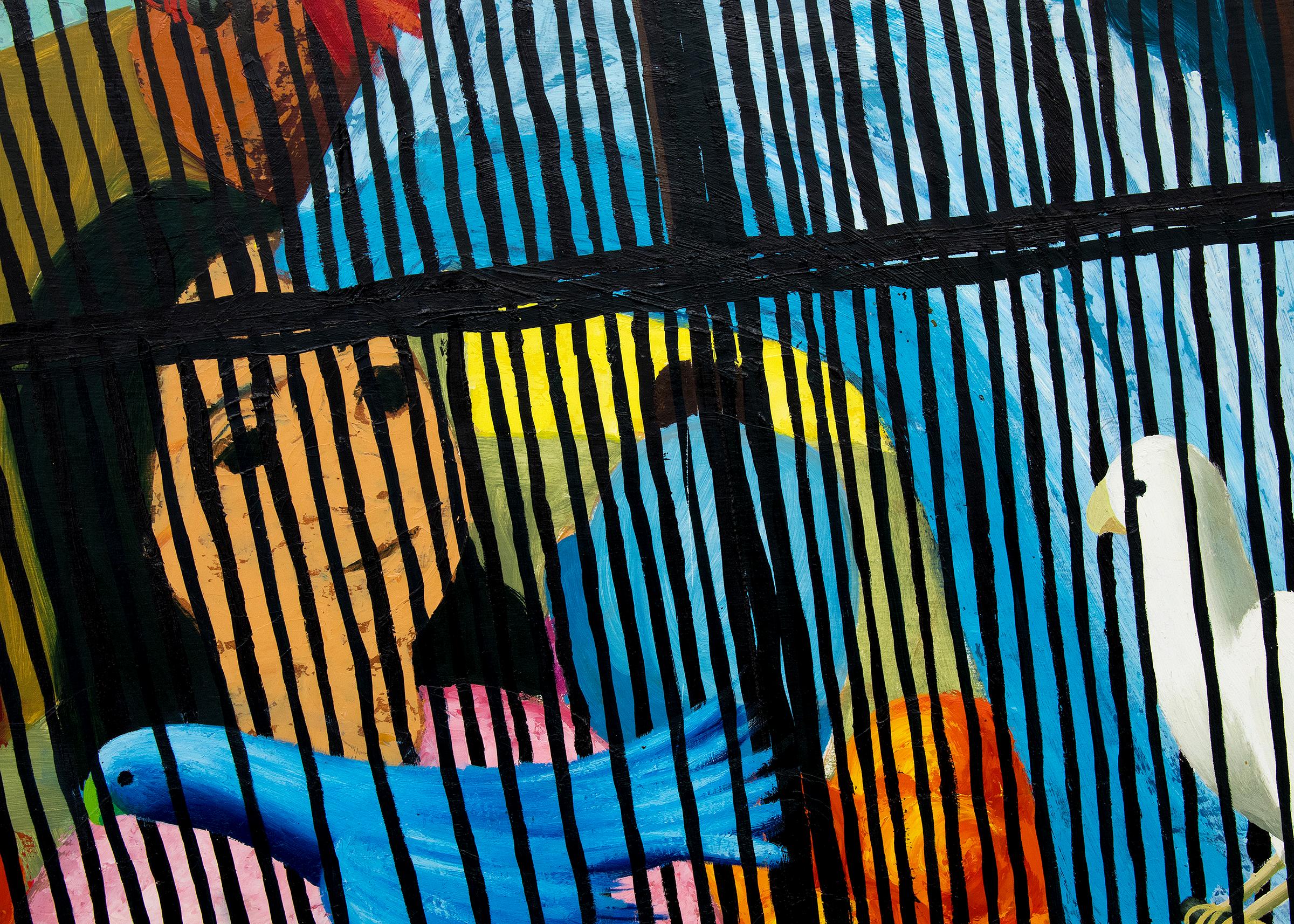 Birdcage, modernist semi-abstract 1950s oil painting with a make and female figure with birds by Denver artist, Angelo Di Benedetto (1913-1992). Bright colors of yellow, red, blue, pink, black and white. Vintage 1957, oil on board, signed and dated