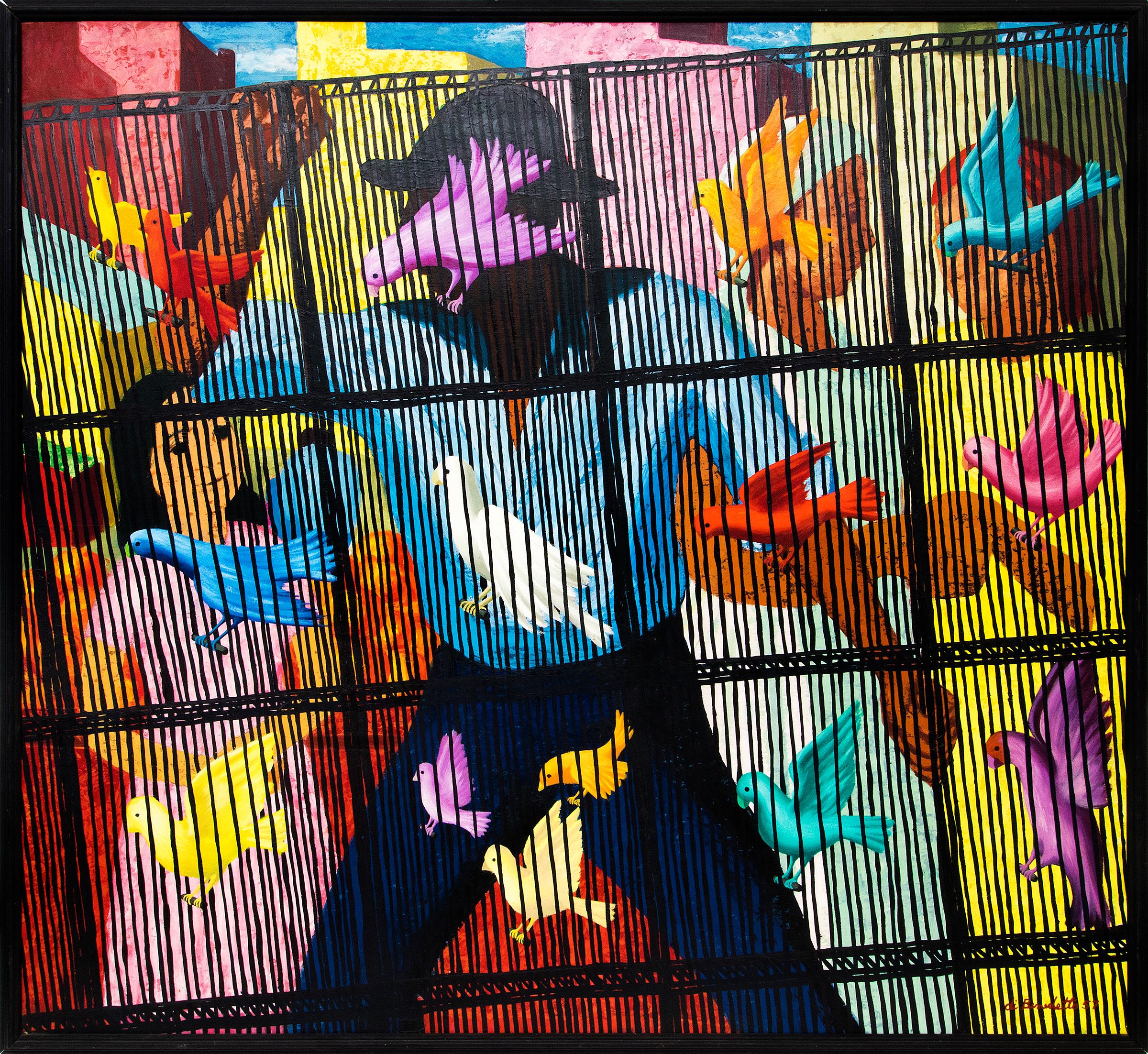 Birdcage, 1950s Framed Modernist Oil Painting, Bright Colored Figures and Birds