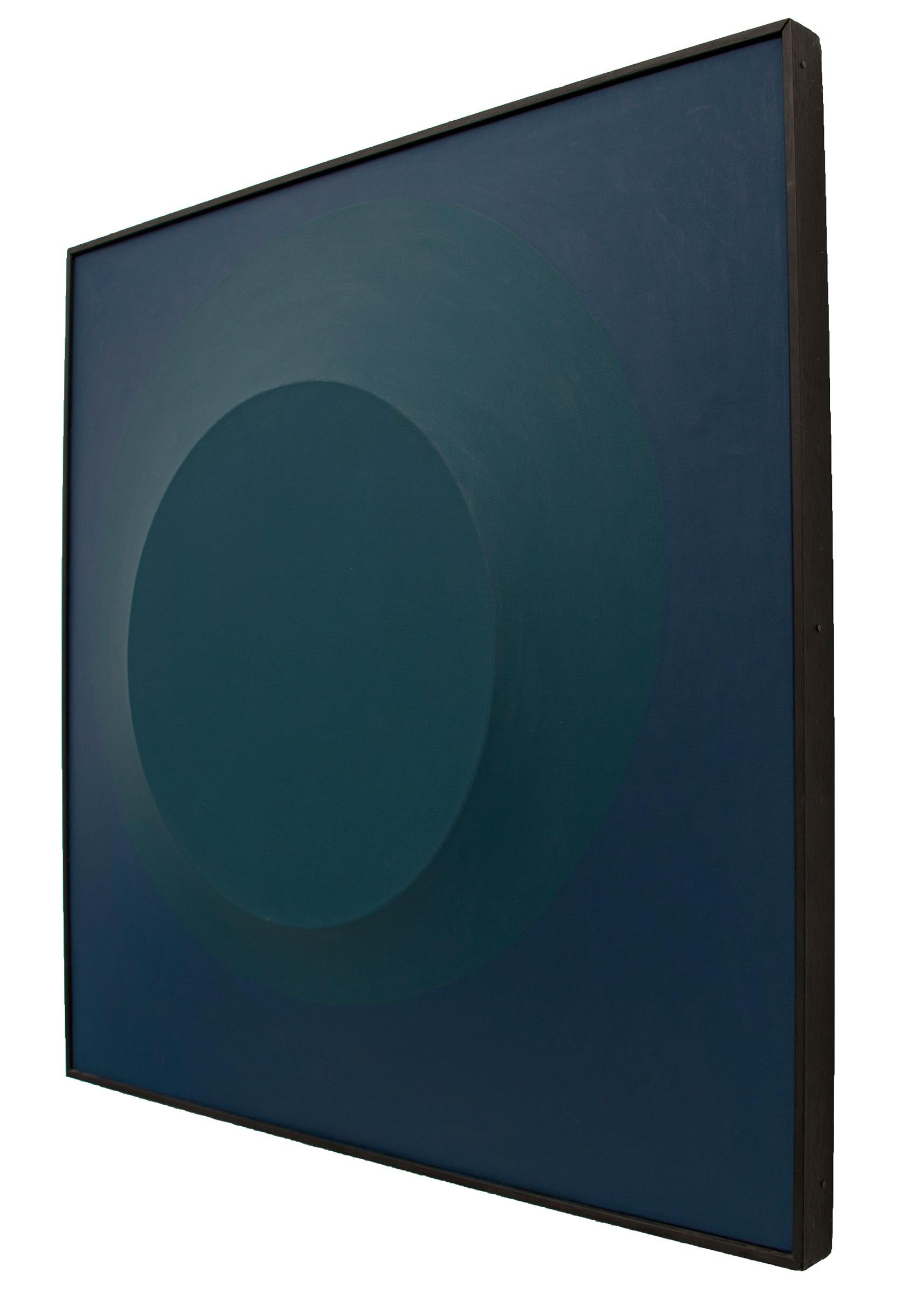 Blue On Blue #1, original vintage 1965 abstract painting by Denver artist, Angelo Di Benedetto (1913-1992).  Acrylic paint in shades of blue on shaped 3 dimensional (3D) canvas with a circular form protruding from the center of square painting. 