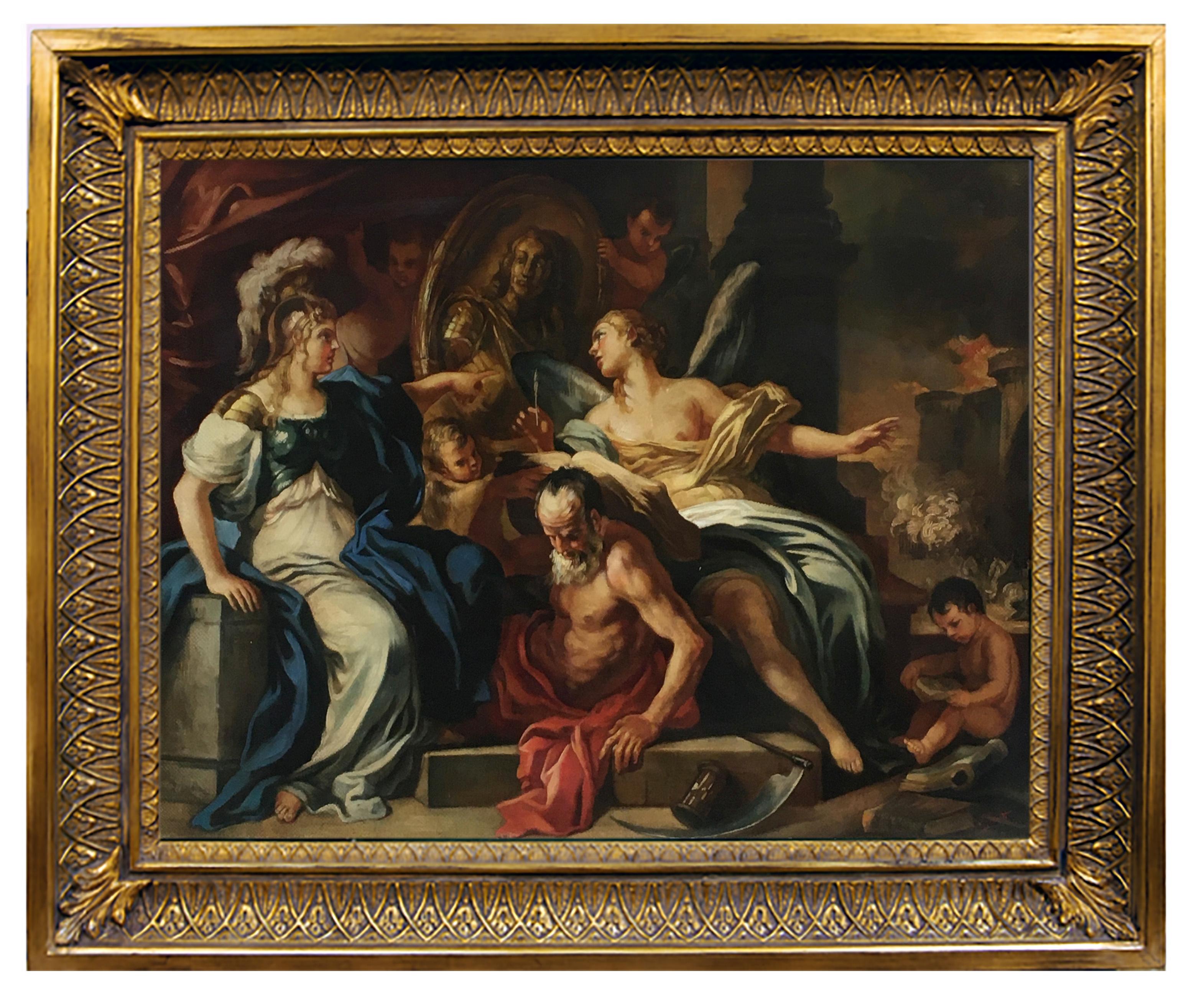 Allegory - Angelo Granati - Italia 2014 - Oil on canvas cm.60x80. 
This is his reinterpretation of a greatest old master painting "Minerva with Chronos and History" by Francersco Solimena.
Gold leaf gilded and laquered wooden frame available on