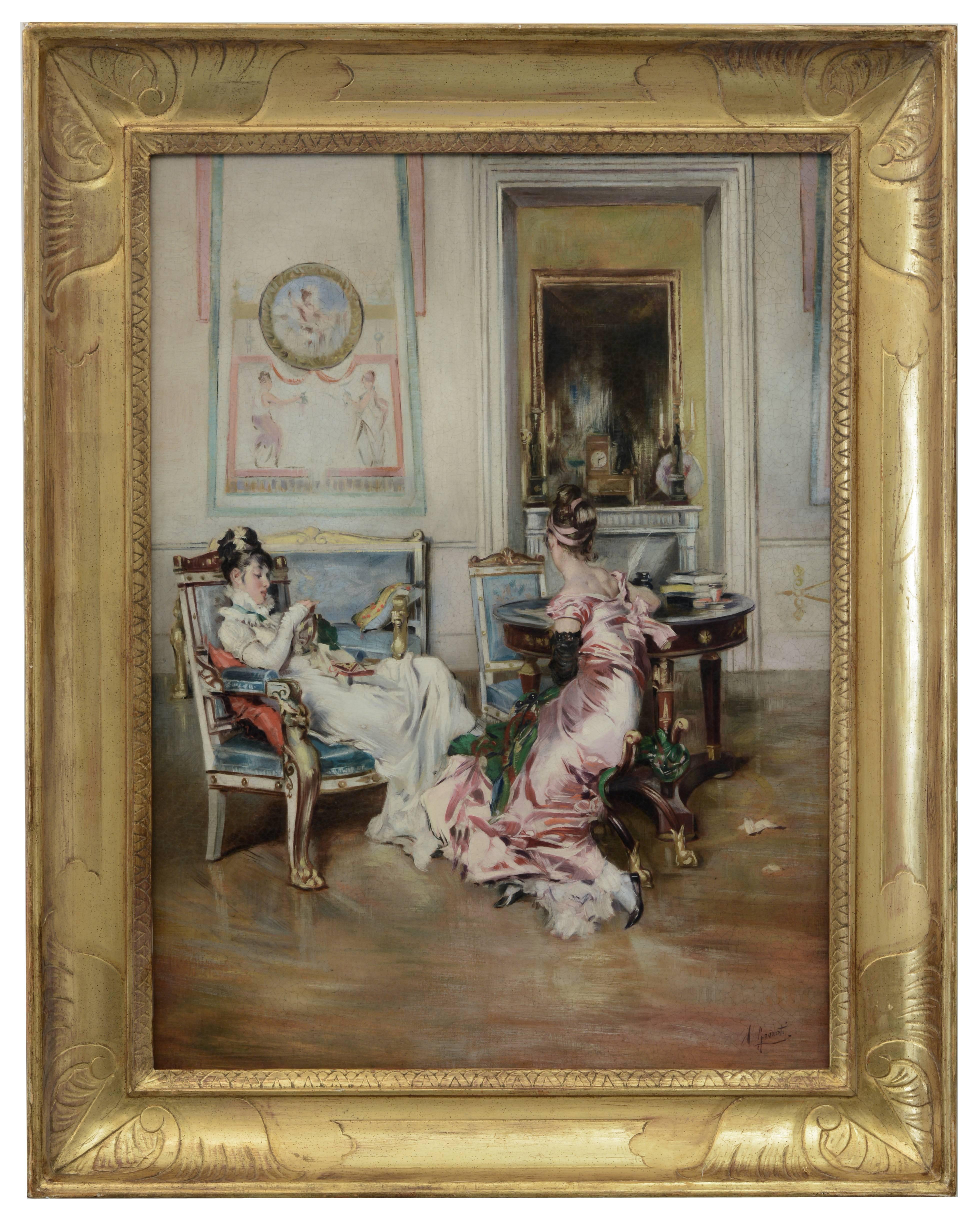 IN PARLOR - Peinture figurative italienne à l'huile sur toile d'Angelo Granati
