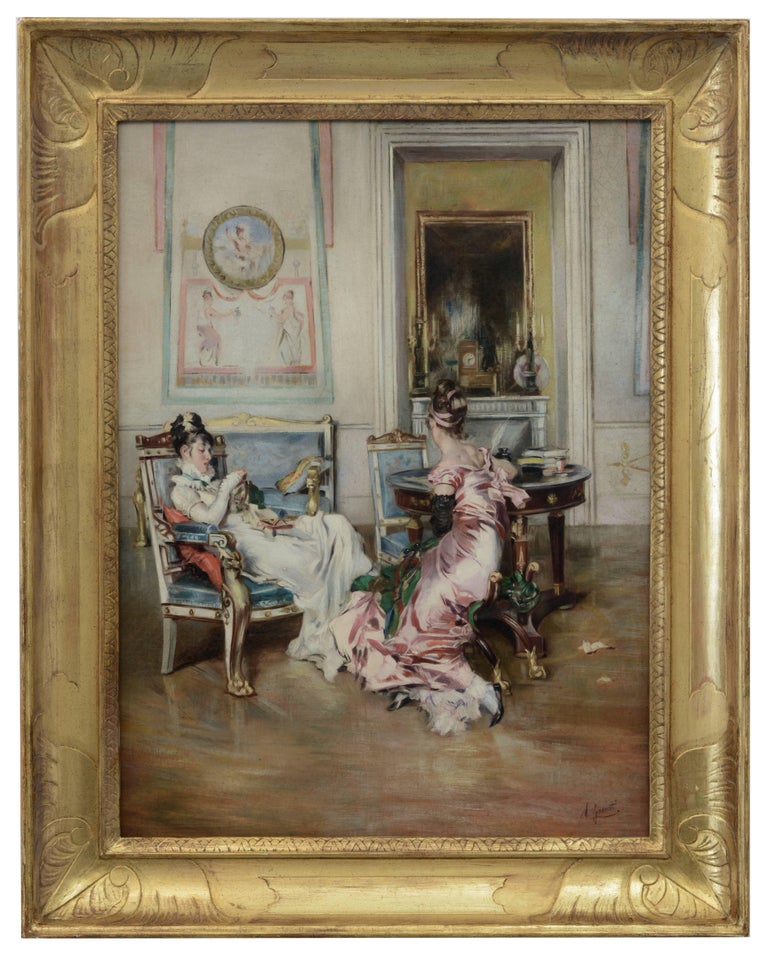 In Parlor - Angelo Granati Italia 2013 - Oil on canvas cm.80 x 60. 
This is his reinterpretation of a greatest old master painting "Ladies of the First Empire 1875"by Giovanni Boldini. 
Neapolitan hand carved and gold leaf gilded wooden frame