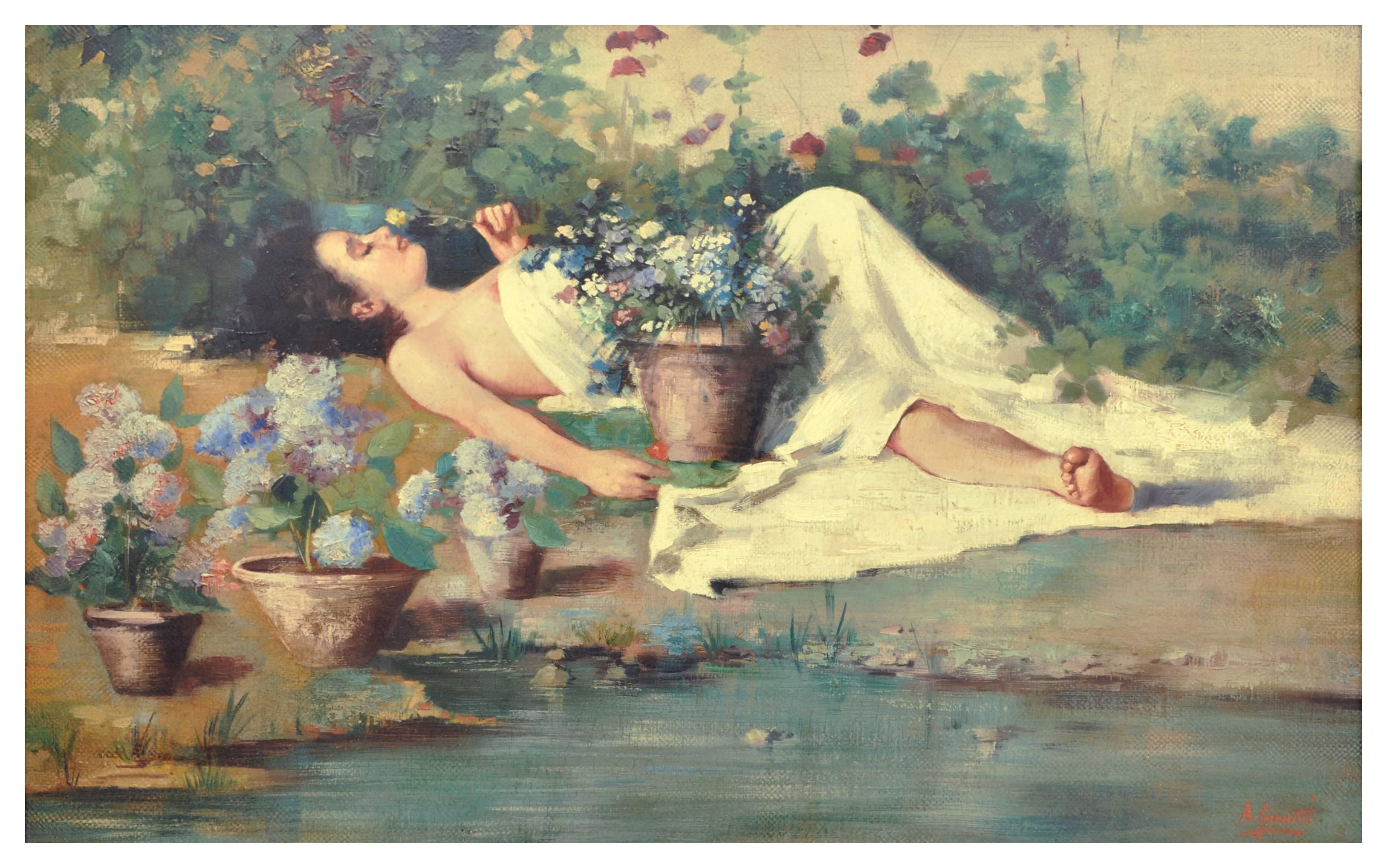 EN EL JARDÍN- Angelo Granati -  Escuela Napolitana -  Pintura al óleo sobre lienzo en venta 1