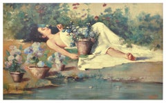 IN THE GARDEN- Angelo Granati -  Neapolitan School -  Oil on Canvas Painting