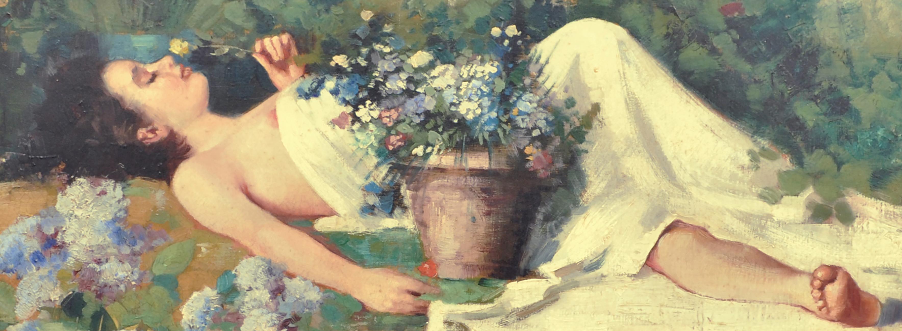 EN EL JARDÍN- Angelo Granati -  Escuela Napolitana -  Pintura al óleo sobre lienzo en venta 2