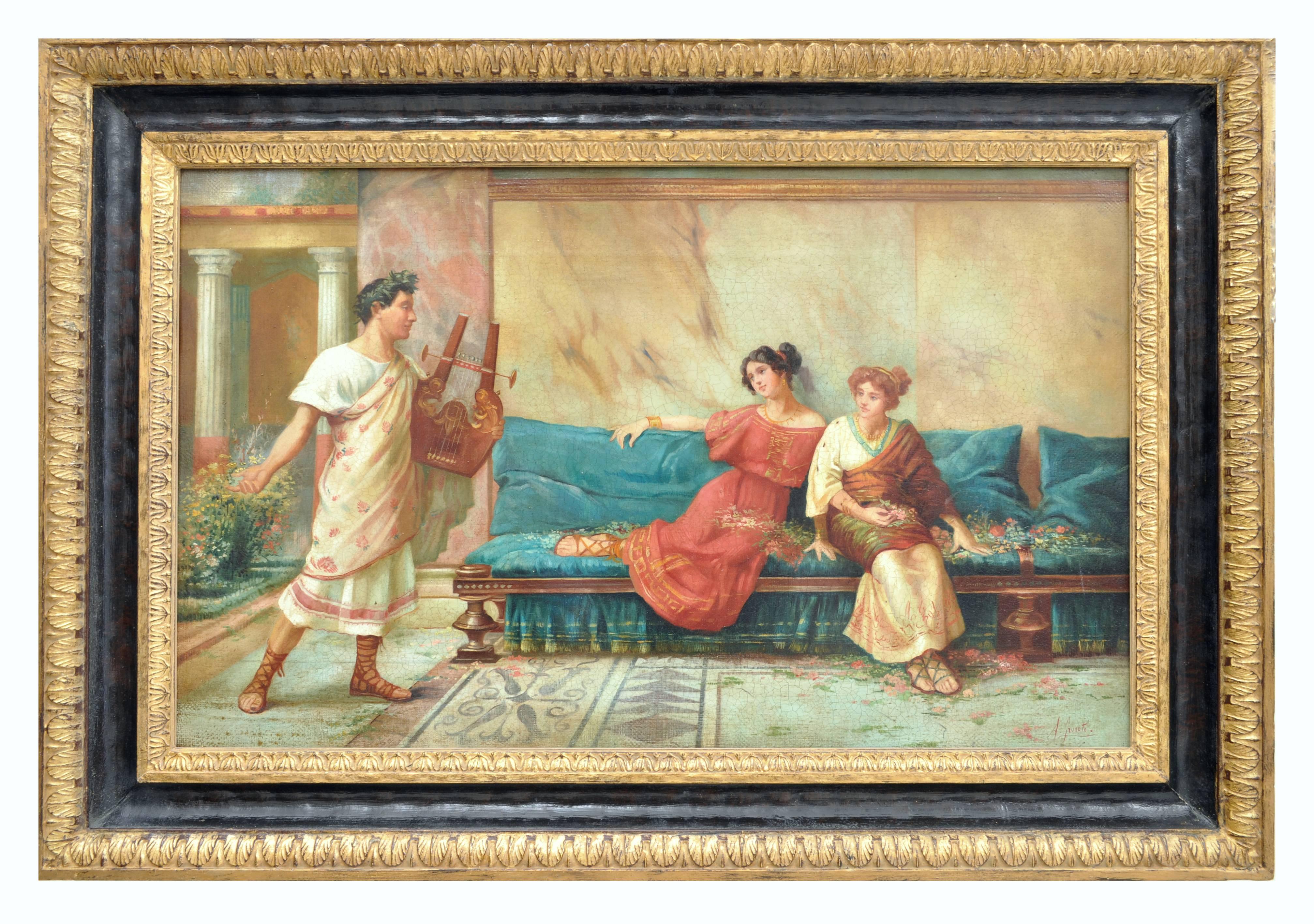 Pompeian Scene - Angelo Granati Italia 2011 - Oil on canvas mis. cm. 50 x 80. 
Gold leaf gilded wooden frame ext. mis. cm. 70 x 100.

In this painting, Maestro Angelo Granati drew inspiration from the paintings of Maestro John William Godward, who