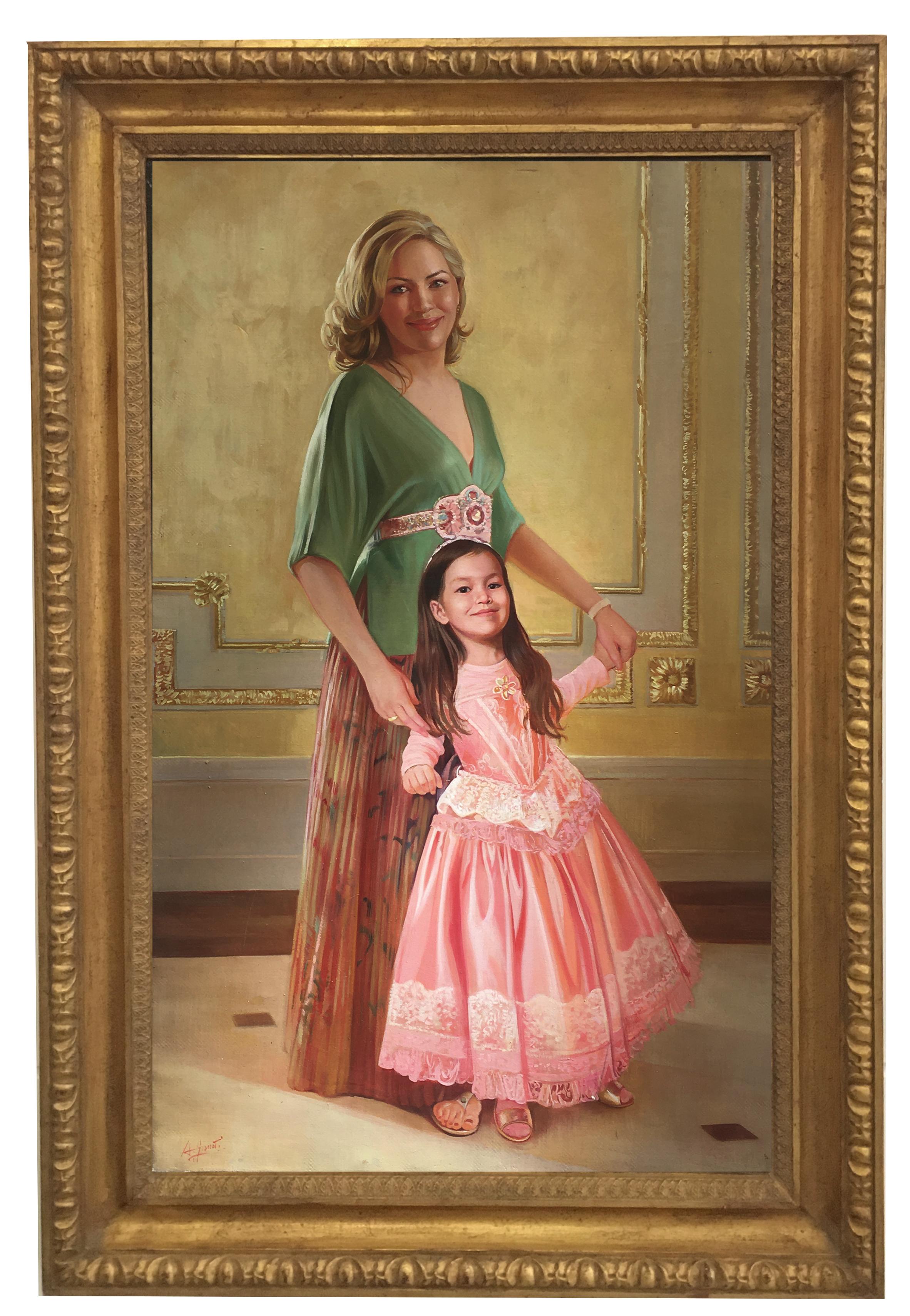 PORTRAIT OF MOTHER AND DAUGHTER - Angeo Granati - Peinture à l'huile figurative italienne