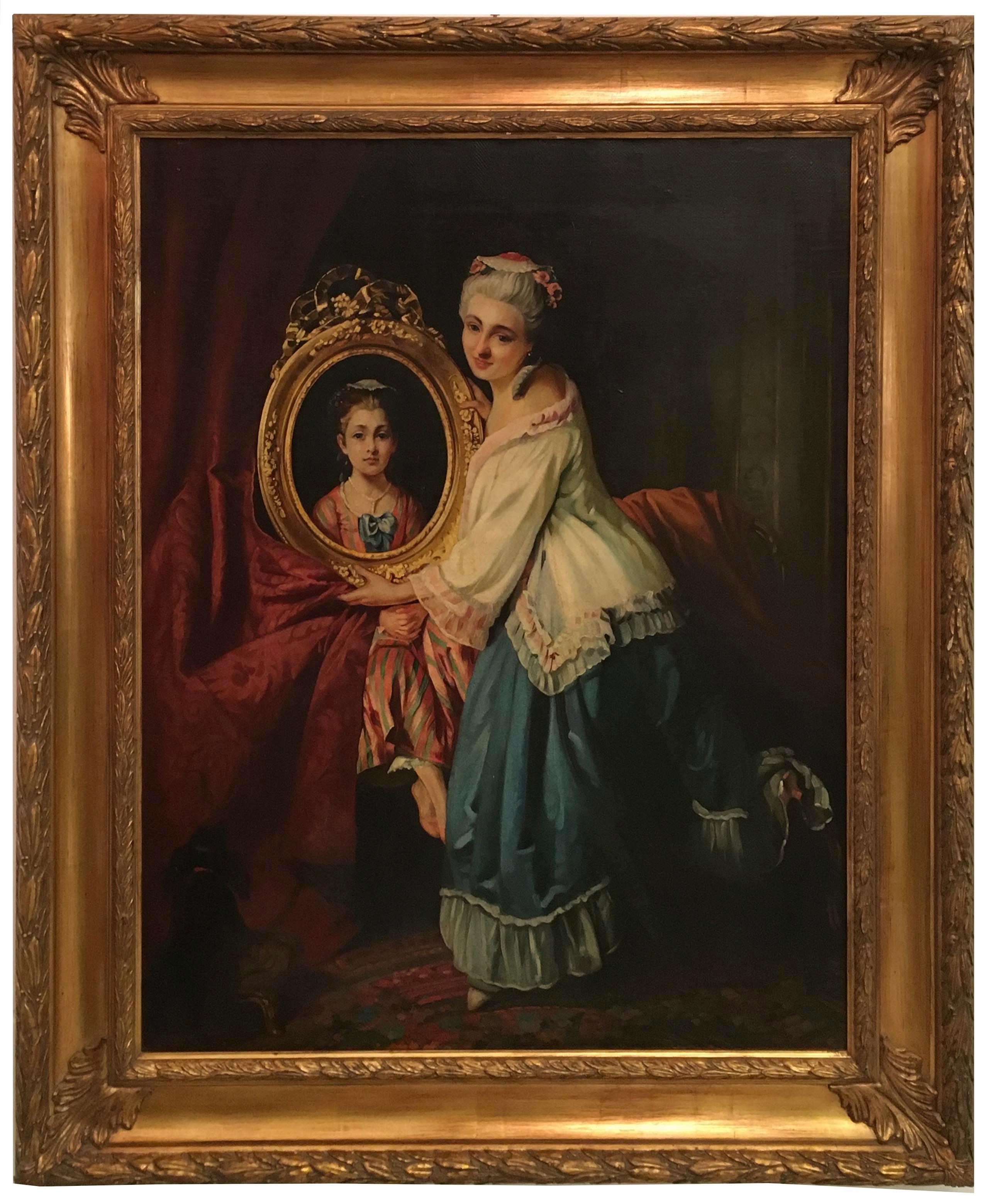 THE BEAUTIFUL FRAME - Angelo Granati Italia 2003
Oil on canvas cm.90x70. 
Gold leaf gilded wooden frame mis. ext.110X90

In this painting, Maestro Angelo Granati drew inspiration from the paintings of the French school. 
Mom and daughter play with a