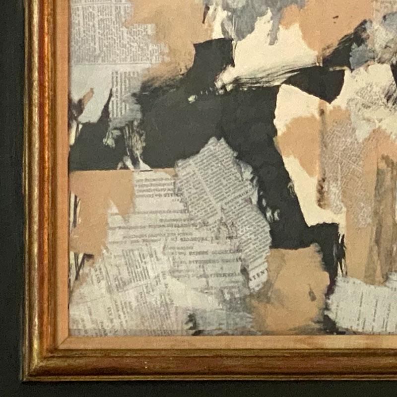This is a rare find; one of 6 we recently acquired by Angelo Ippolito (1922-2002). Abstract mixed media collage in various printed and solid-hued 8-ply rag papers. Presented in a period-correct black and gilt Heydenrik frame. (To fully appreciate
