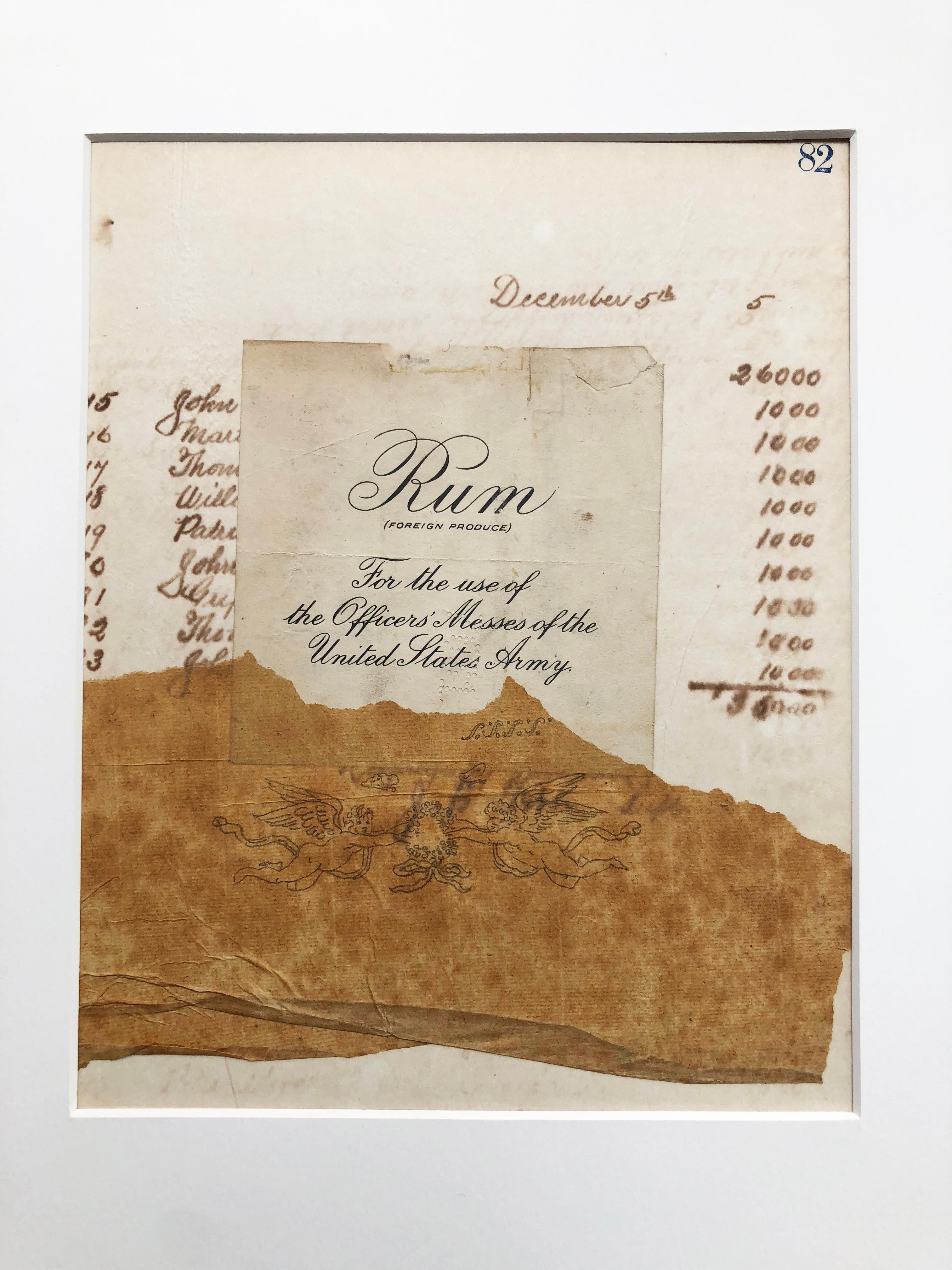 Abstract Expressionist Angelo Ippolito's, "Aegean Collage no. 19", features a hand-quilled page from an accountant’s ledger accompanied by a foreign import label for rum. The work is completed by a layer of brown tissue paper with a drawing overlay