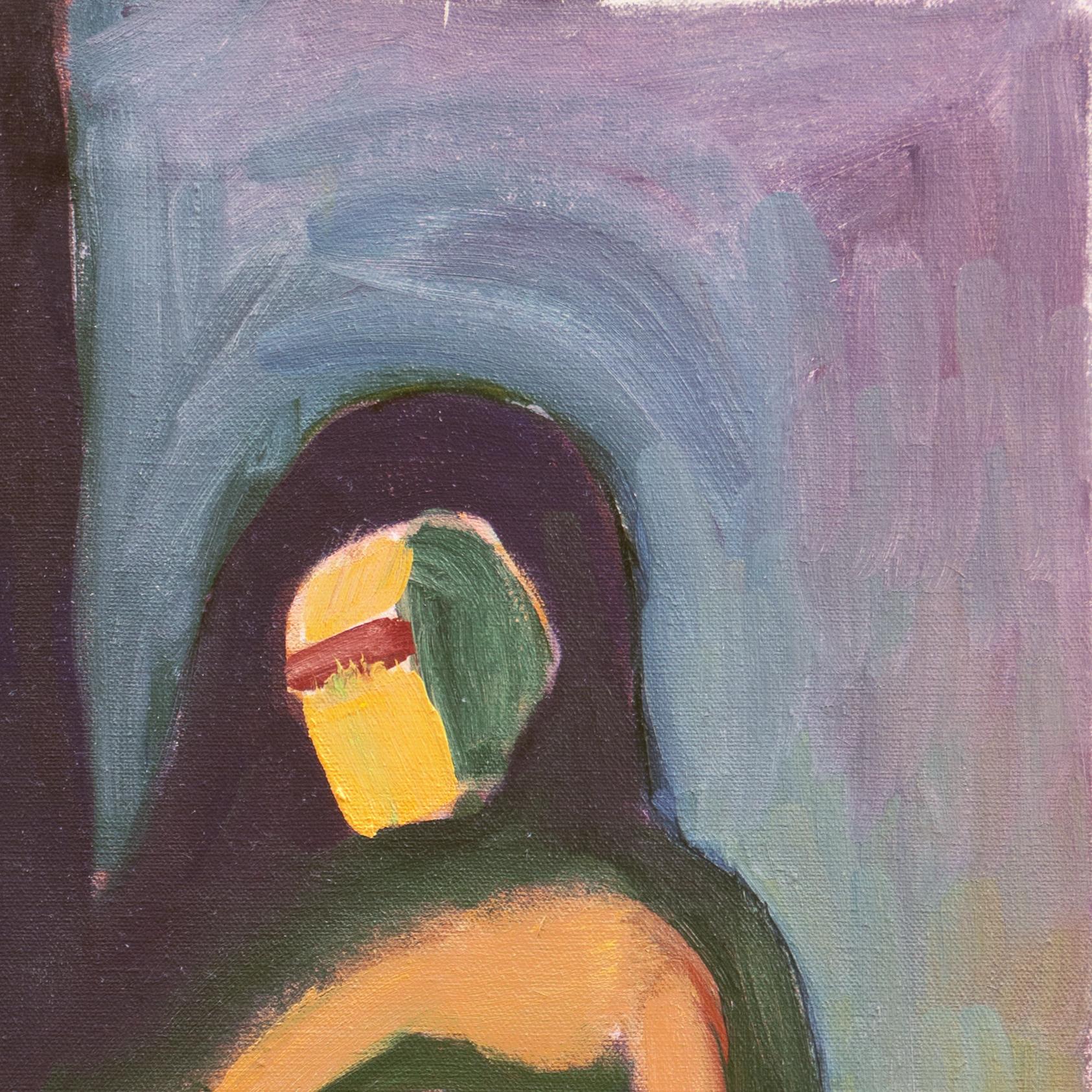 An abstract expressionist figural oil showing a view of a nude woman seated rendered in ochre-yellow and deep green seated in the artist's studio. 

Inscribed verso, 'Ippollitto', (American, 1922-2002) titled 'Nude'; additionally inscribed 'Bronson'