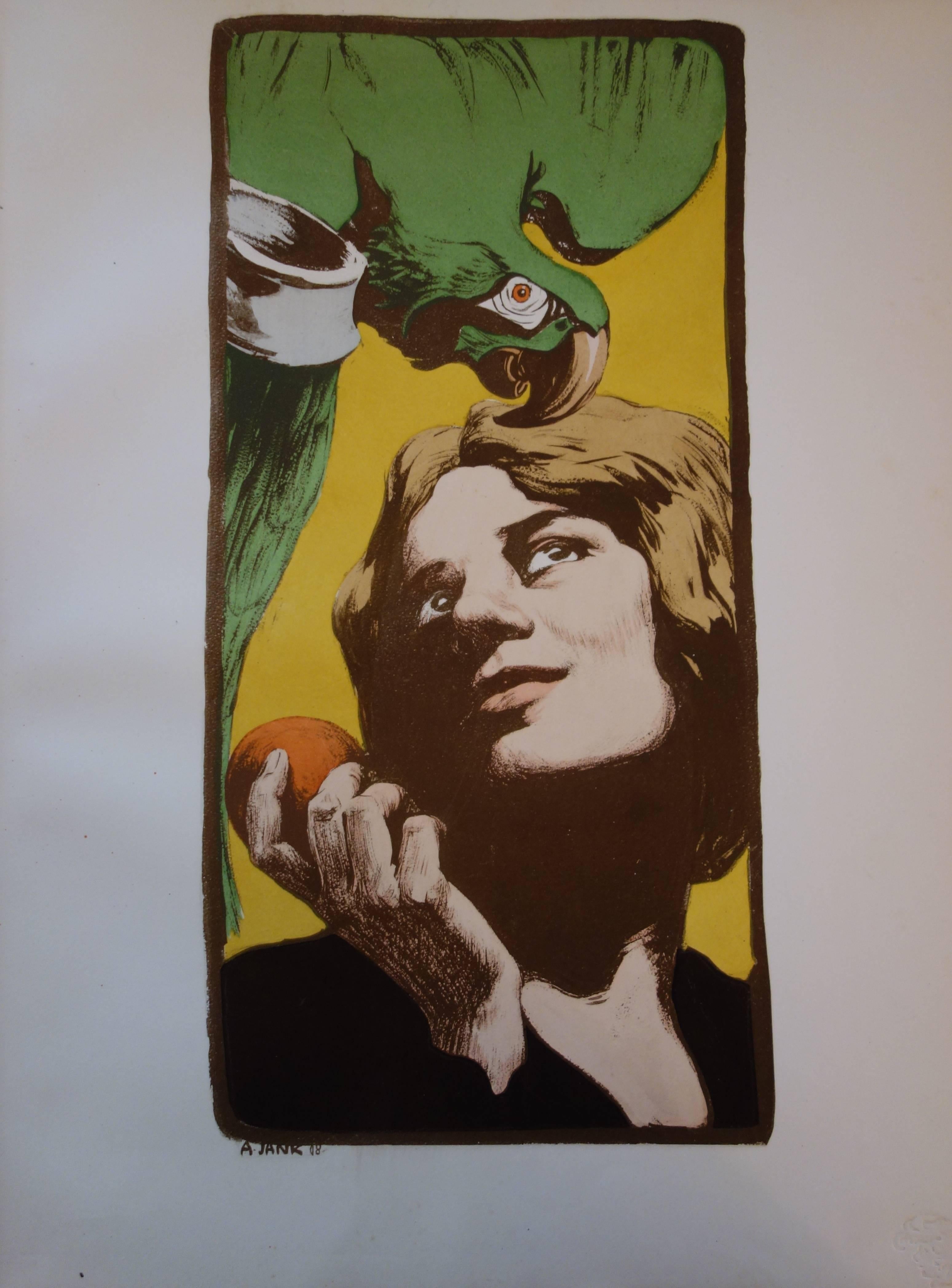 Woman with Parrot - Original lithograph - 1897 - Art Nouveau Print by Angelo Jank